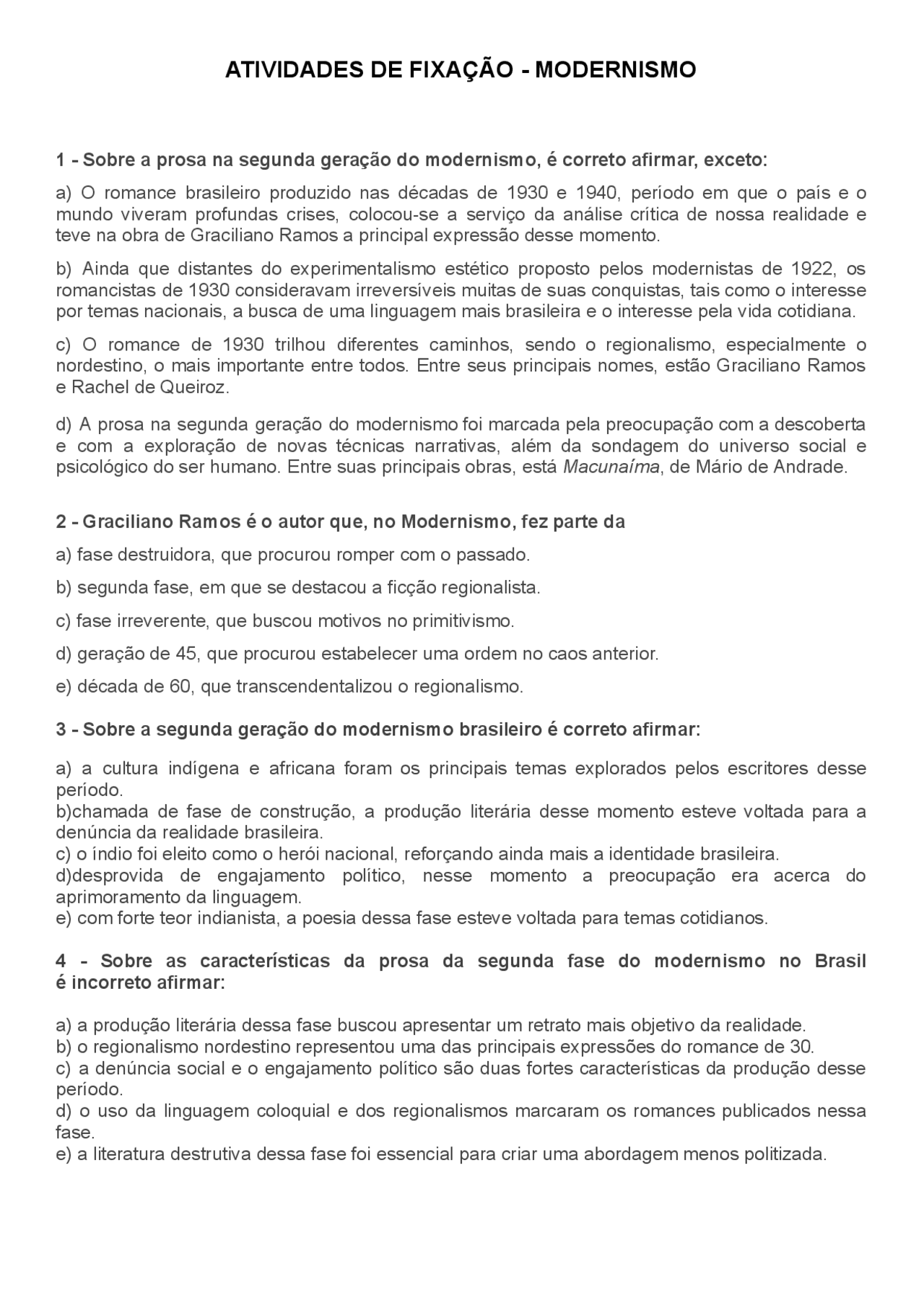 Exercícios Modernismo 1 Fase Com Gabarito Pdf - FDPLEARN