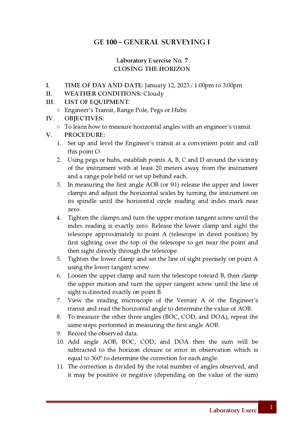 GE 100 GENERAL SURVEYING CLOSING THE HORIZON Lab Reports