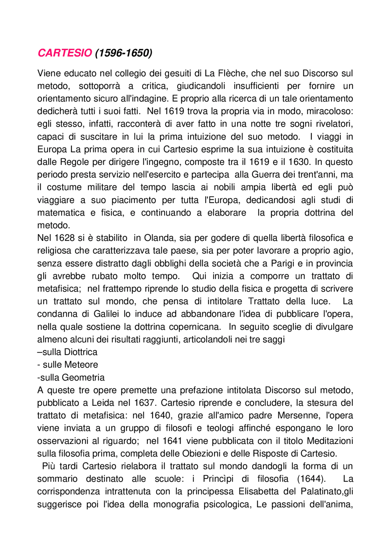 cartesiovita e dottrina filosofica Dispense di Filosofia Docsity