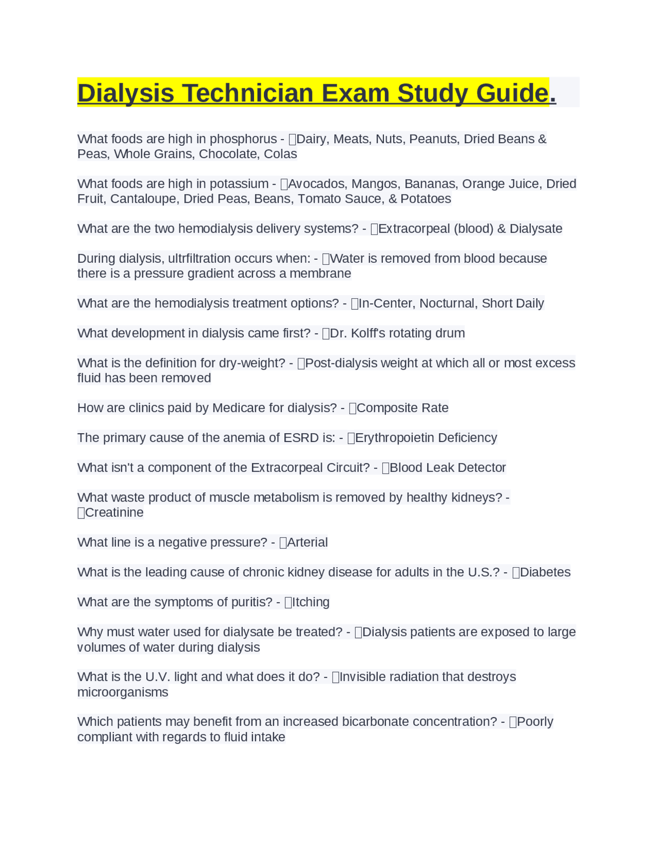 Dialysis Technician Exam Study Guide. Exams Nursing Docsity