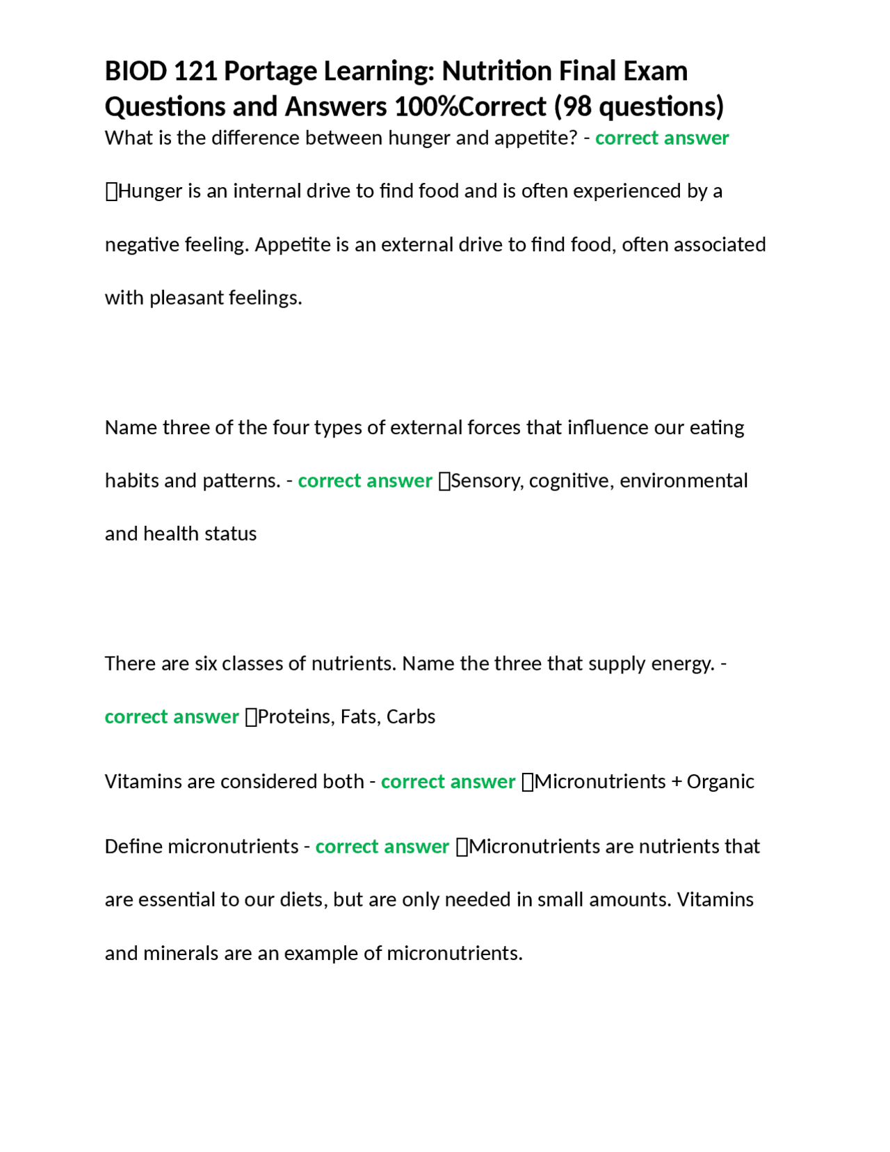 BIOD 121 Portage Learning: Nutrition Final Exam Questions and Answers ...