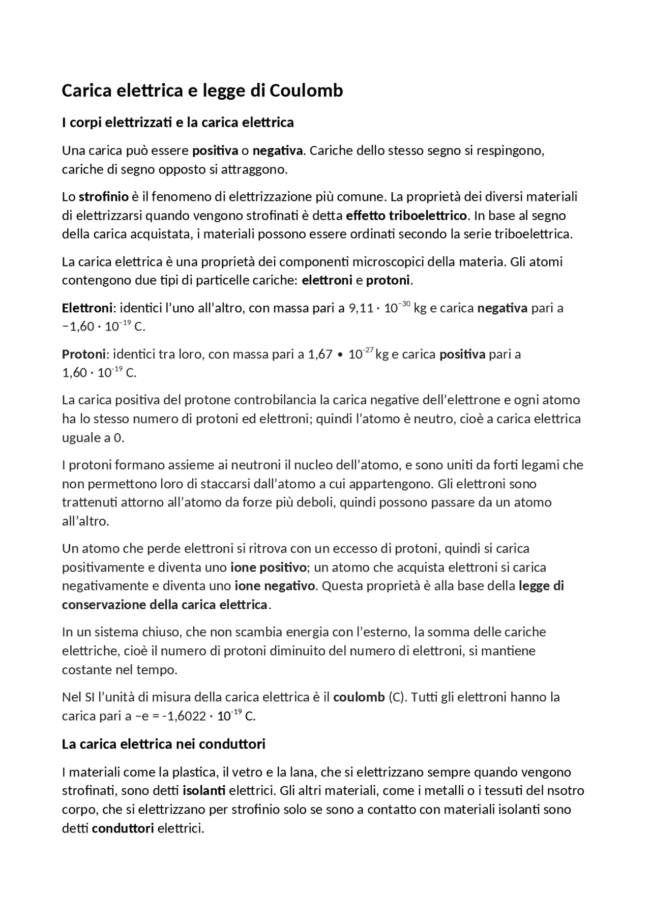 Carica elettrica e legge di Coulomb Appunti di Fisica Docsity