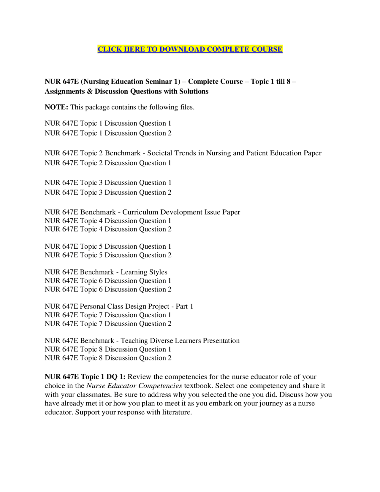 NUR 647E Complete Course | Study notes Nursing | Docsity