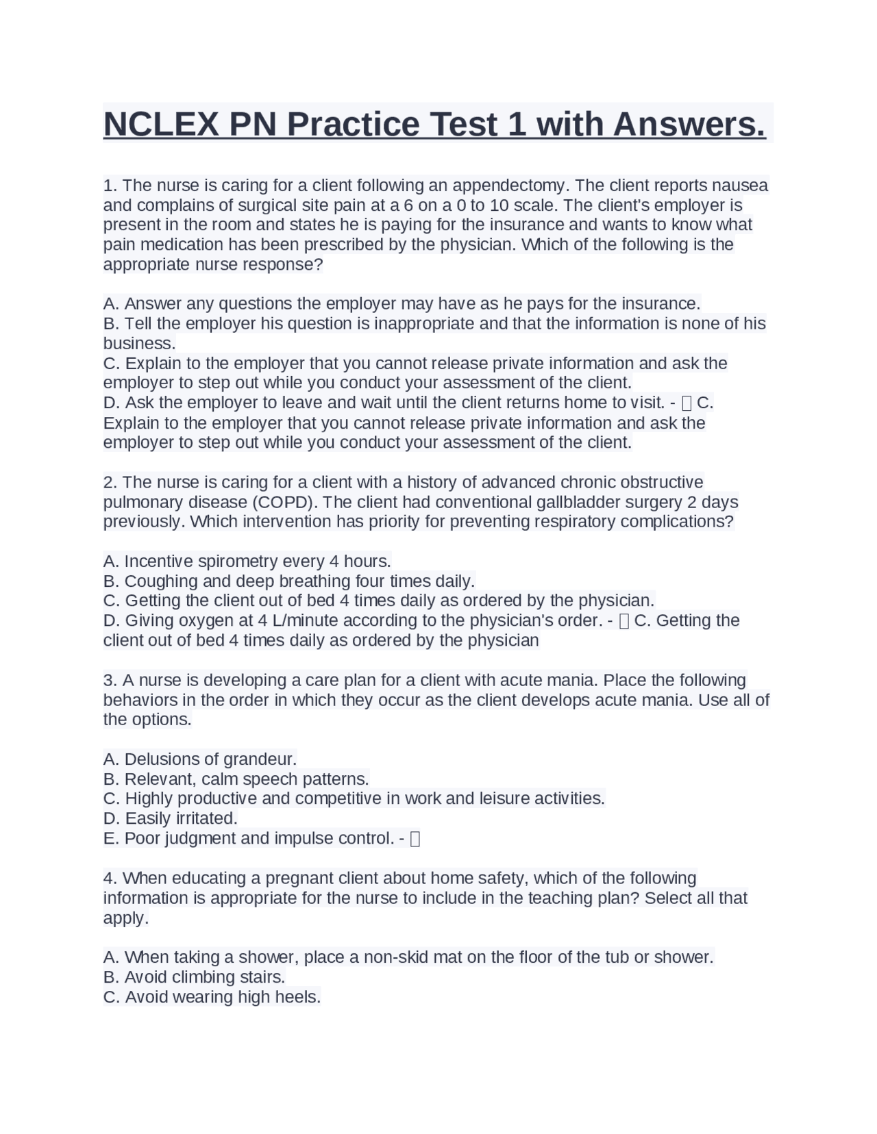 NCLEX PN Practice Test 1 with Answers. | Exams Nursing | Docsity