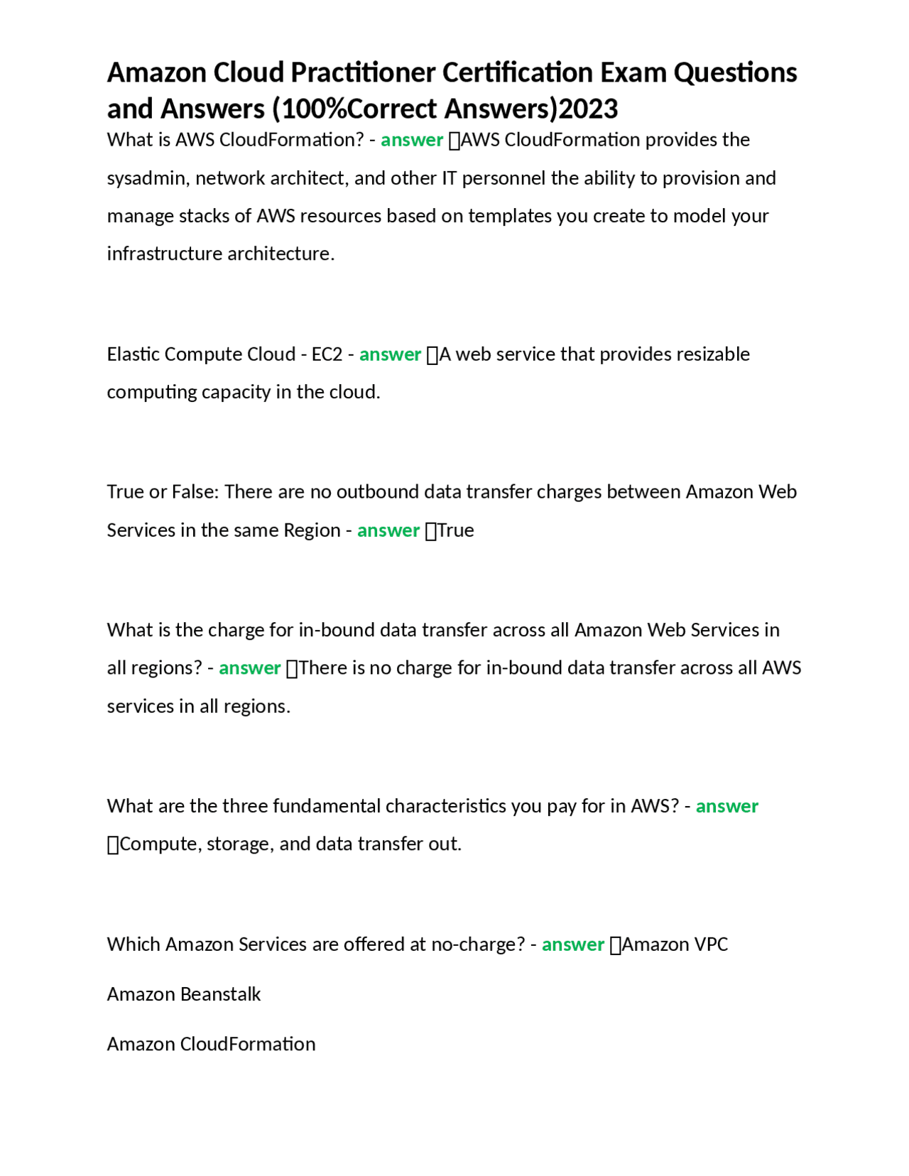 Amazon Cloud Practitioner Certification Exam Questions and Answers (100 ...