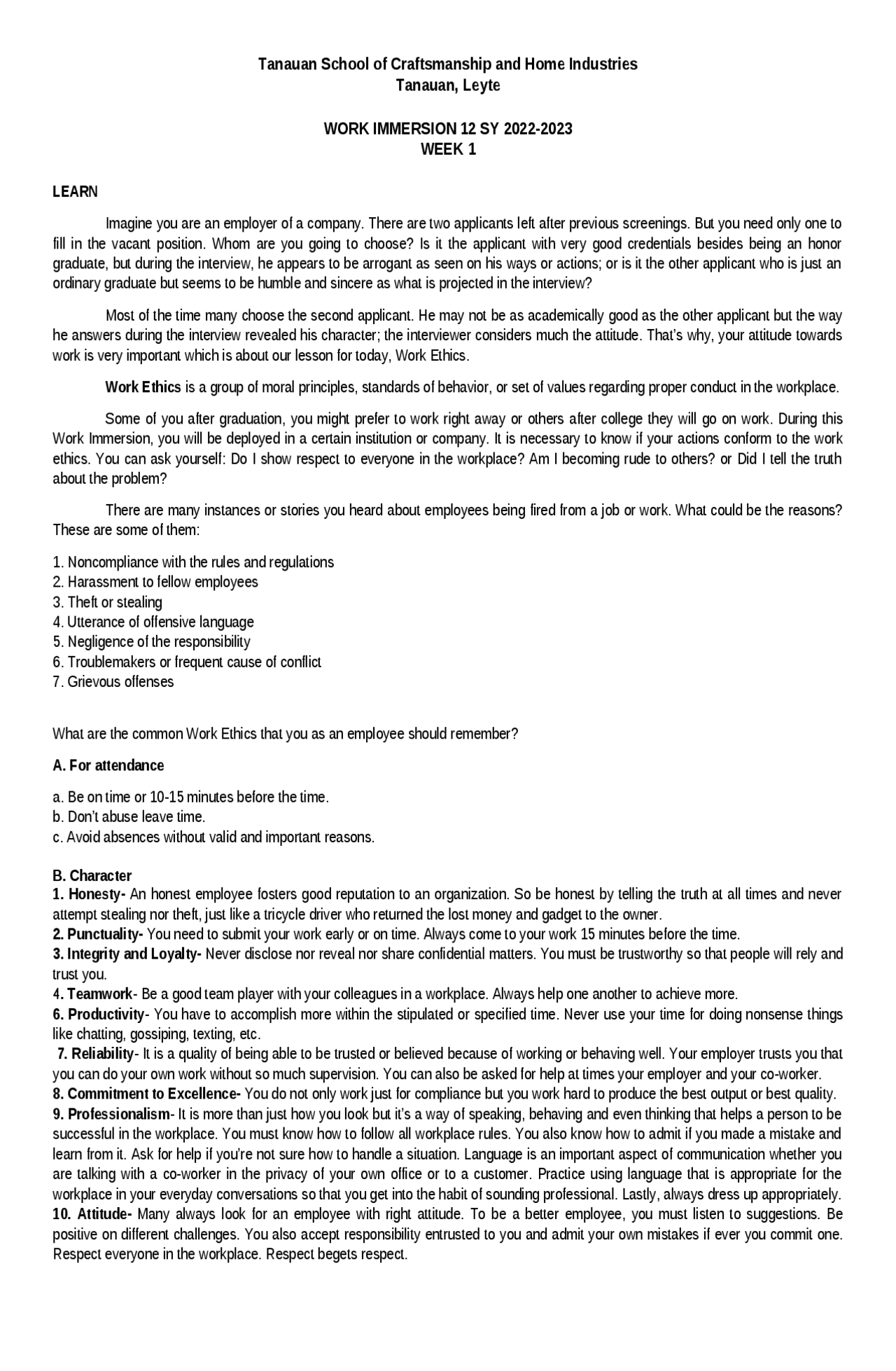 Work Immersion Introduction Example Introduction to Work Immersion | Lecture notes Business | Docsity