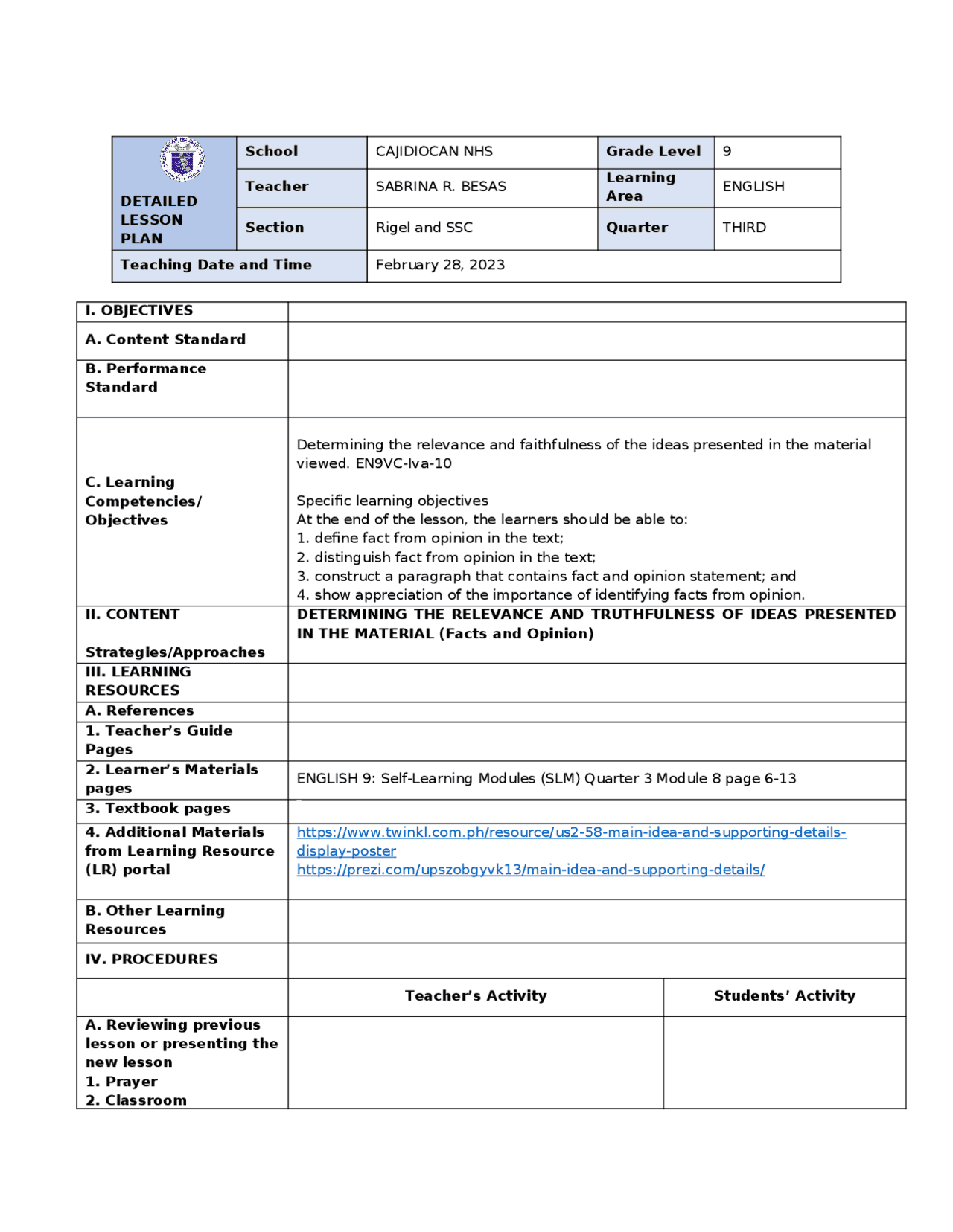 Detailed Lesson Plan Fact and Opinion Lecture notes English Docsity Detailed Lesson Plan Fact and Opinion Lecture notes English Docsity