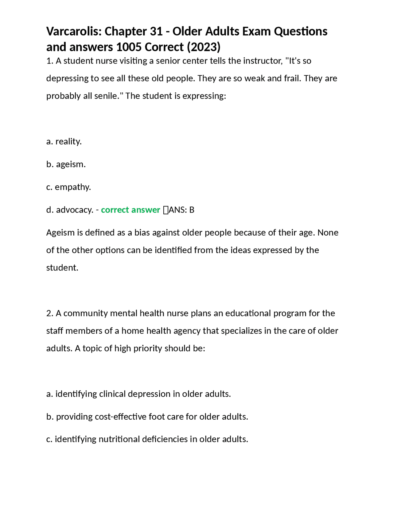 Varcarolis: Chapter 31 - Older Adults Exam Questions and Answers ...