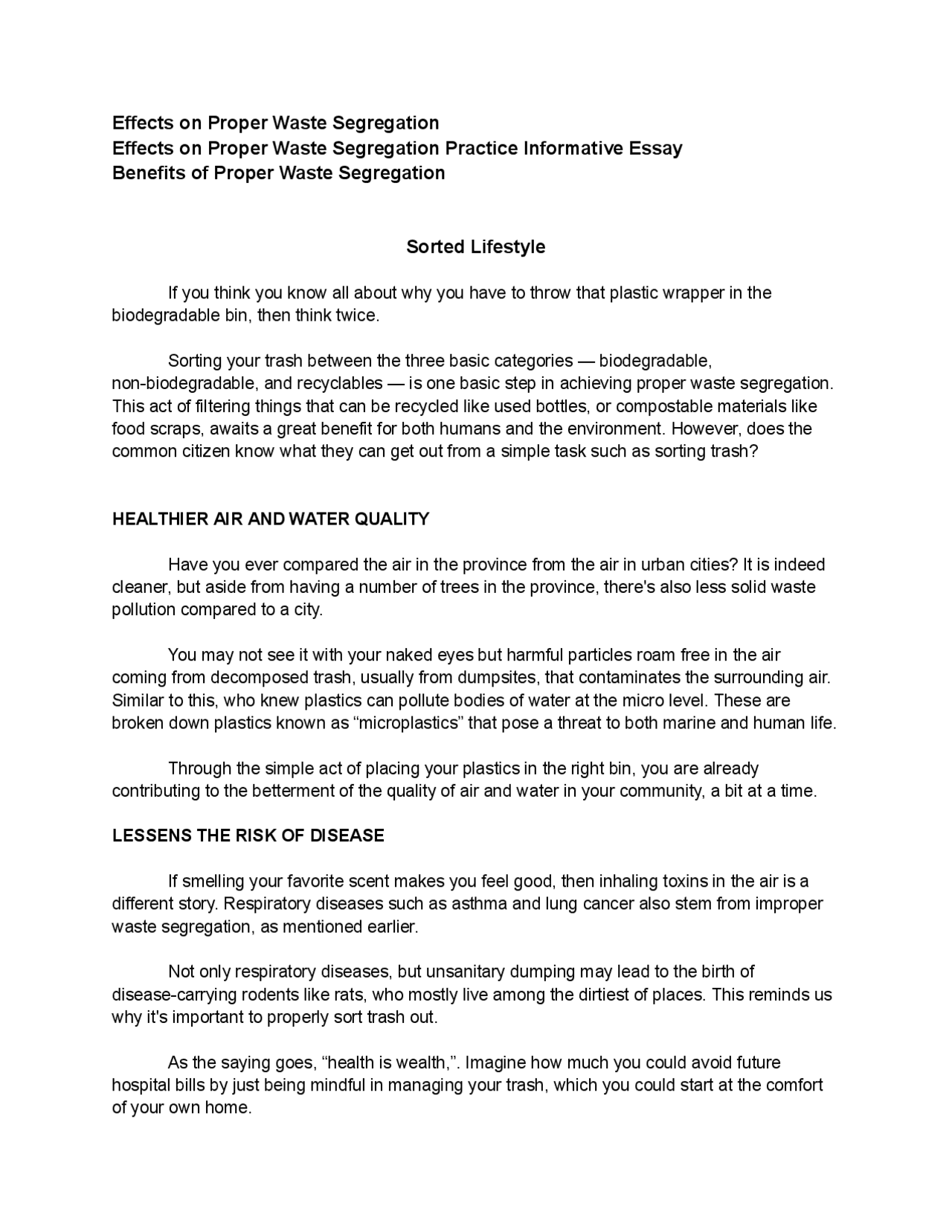 Benefits of Proper Waste Segregation Sample Essay | Essays (high school ...