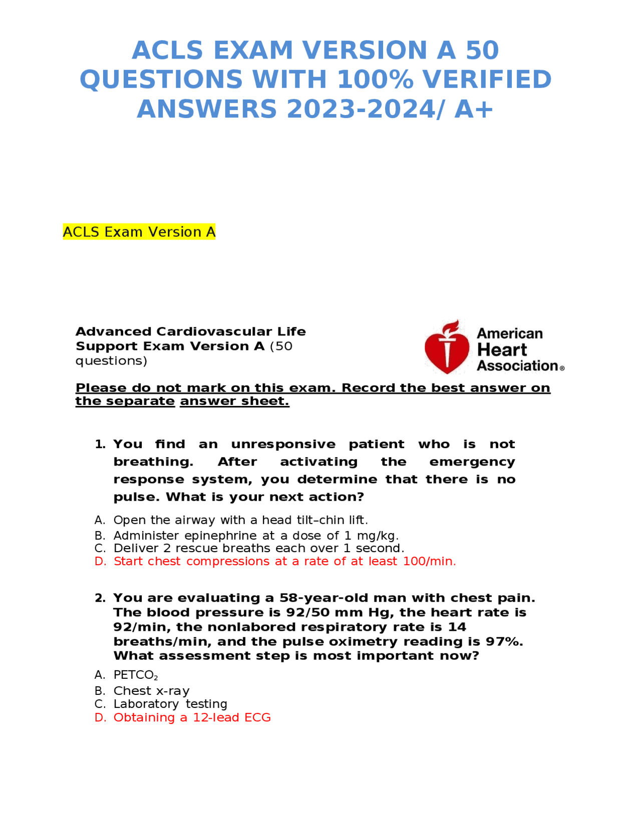 ACLS Exam Version A&B questions and answers 2023/24 latest 100%CORRECT ...
