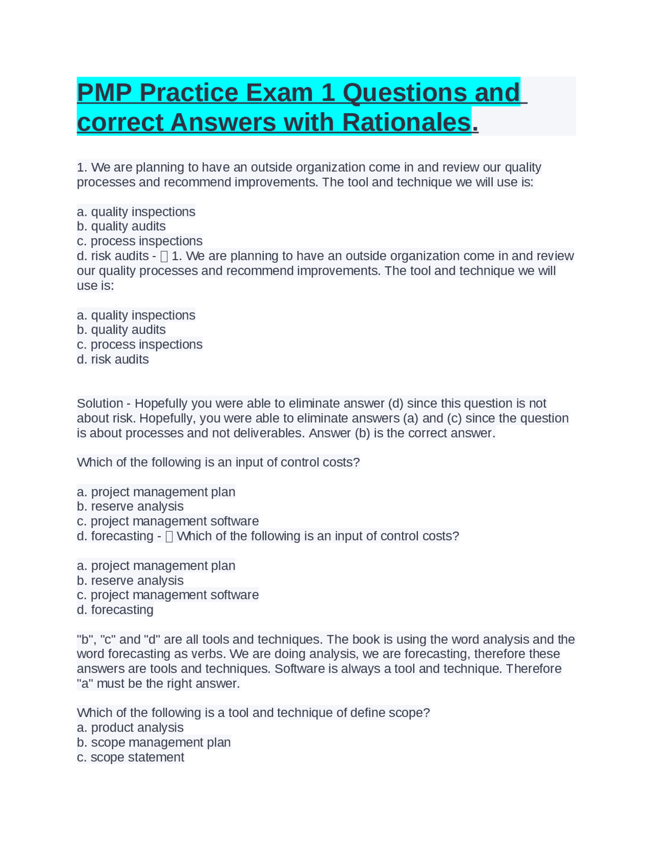 PMP Practice Exam 1 Questions and correct Answers with Rationales ...
