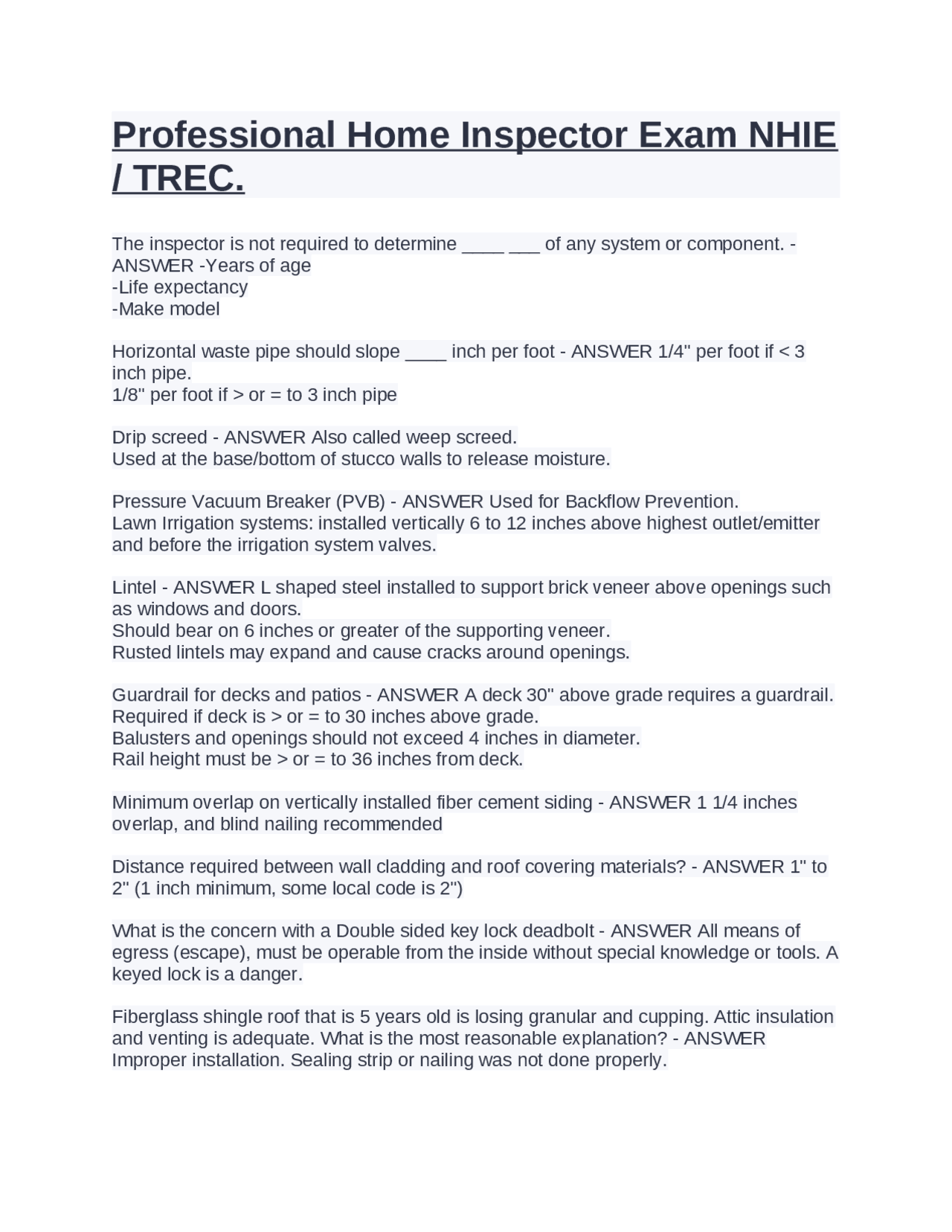 Professional Home Inspector Exam NHIE / TREC. | Exams Public Health ...