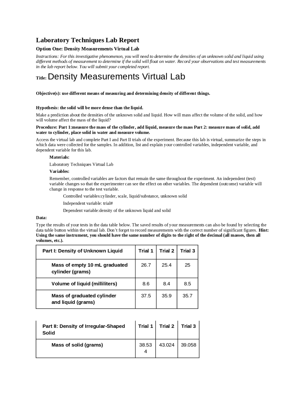01.07 laboratory techniques Essays (high school) Chemistry Docsity