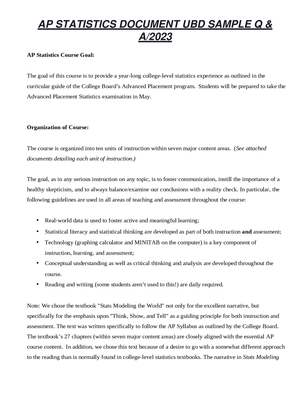 AP STATISTICS DOCUMENT UBD SAMPLE Q & A/2023 | Exams Nursing | Docsity