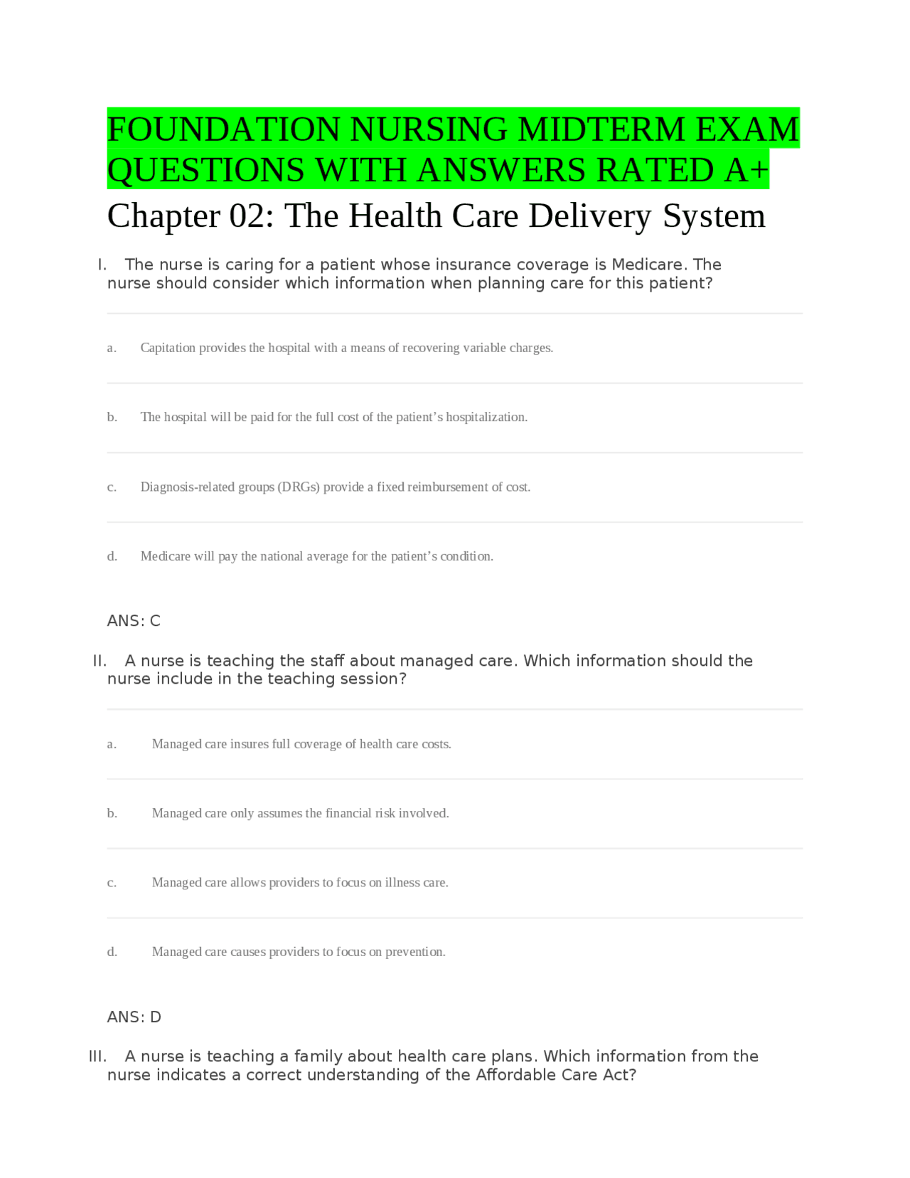 FOUNDATION NURSING MIDTERM EXAM QUESTIONS WITH ANSWERS RATED A+ | Exams ...