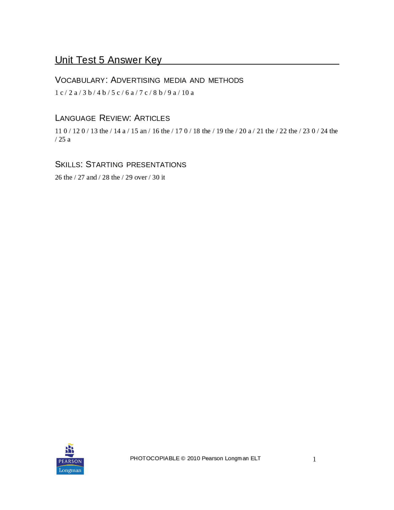 Unit Test 5 Answer Key | Exams English | Docsity