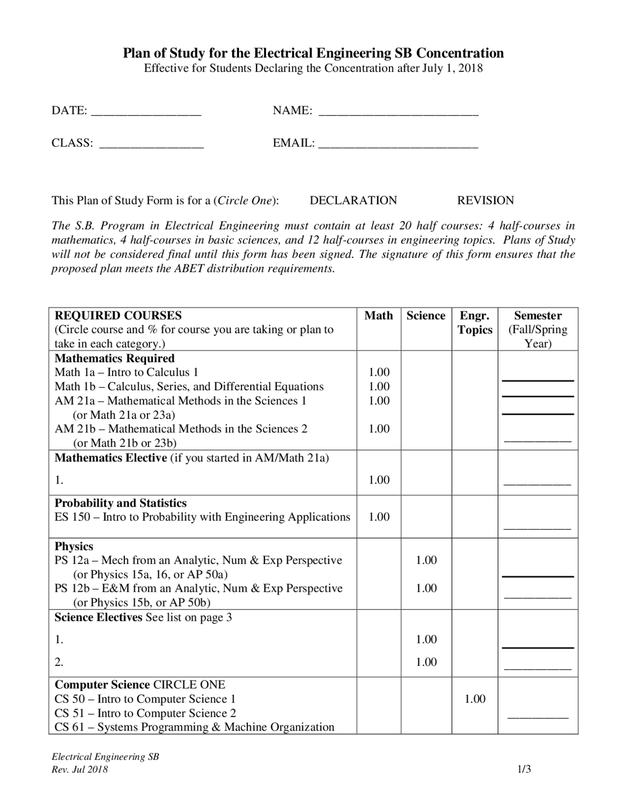 Plan of Study for the Electrical Engineering SB Concentration ...