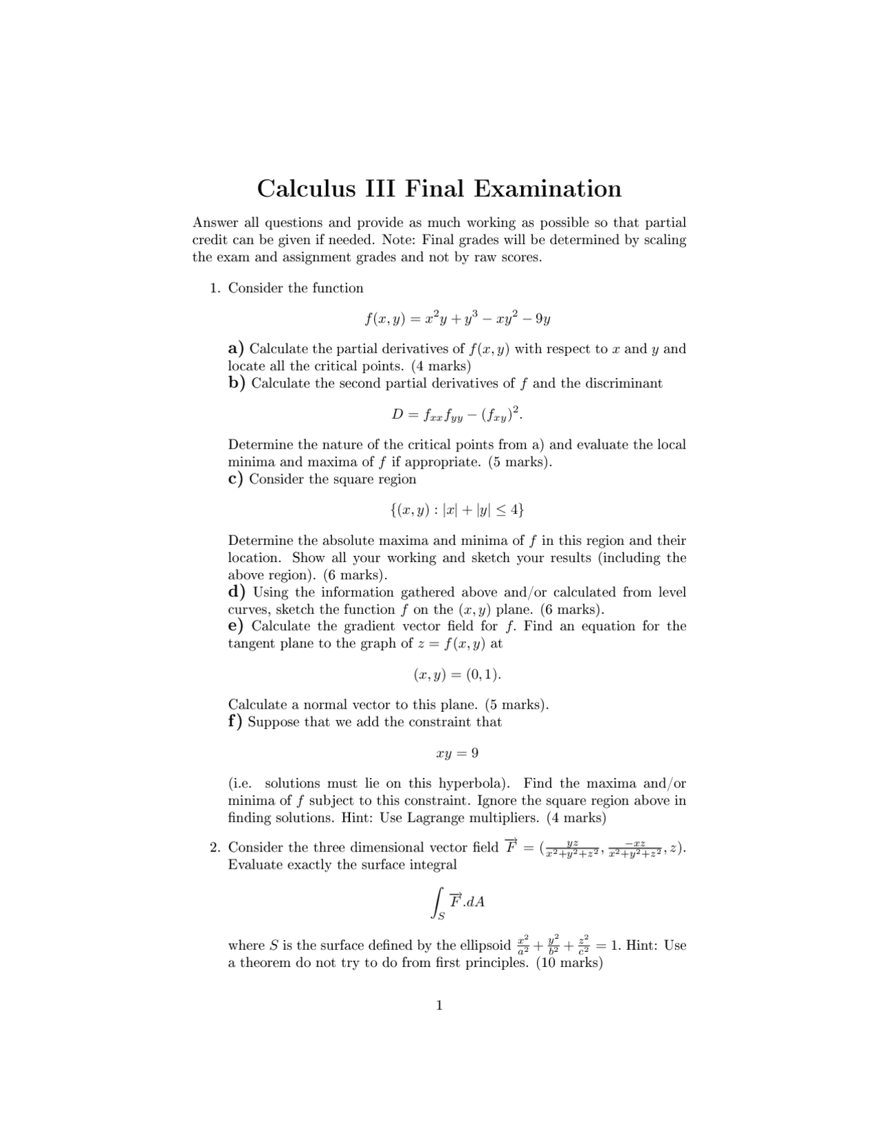 Calculus III Final Examination | Exams Calculus | Docsity