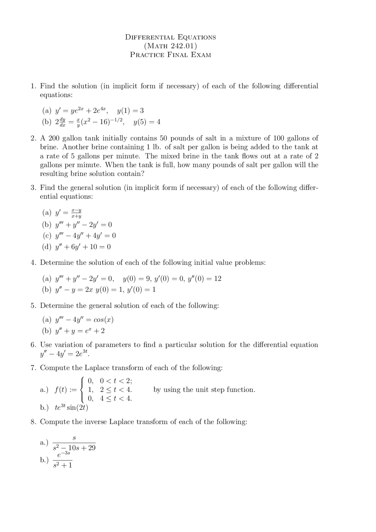 Practice Final Exam for Differential Equations course | Exams ...