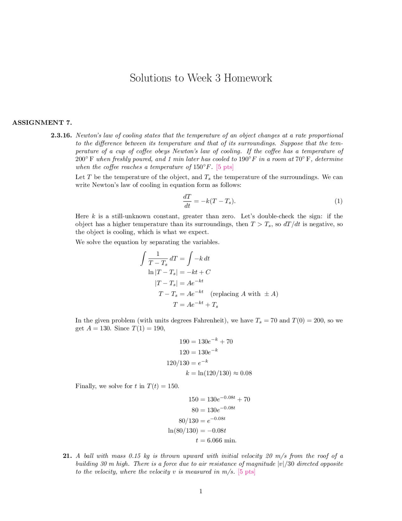Solutions to Week 3 Homework | Study notes Calculus | Docsity