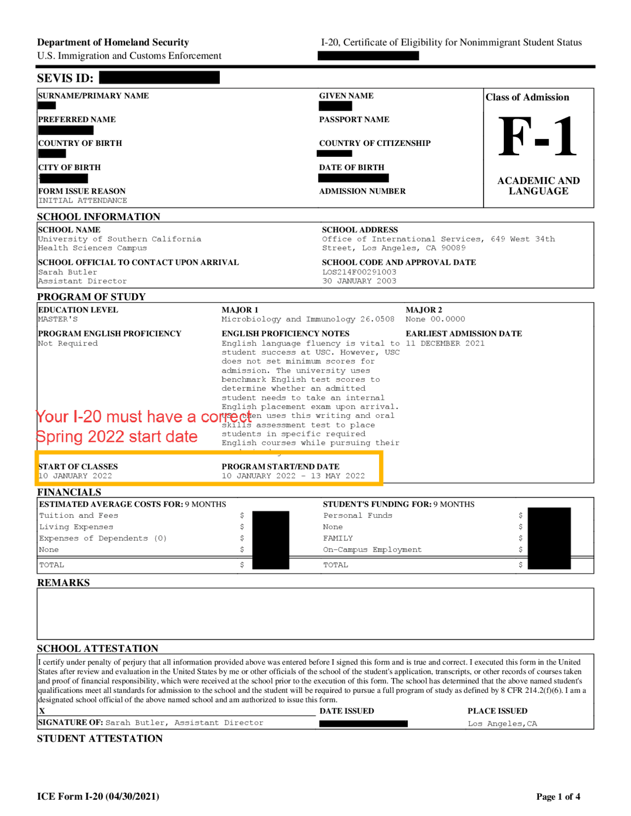 Student Status Department of Homeland Security I-20, Certificate of Eligibility for ...