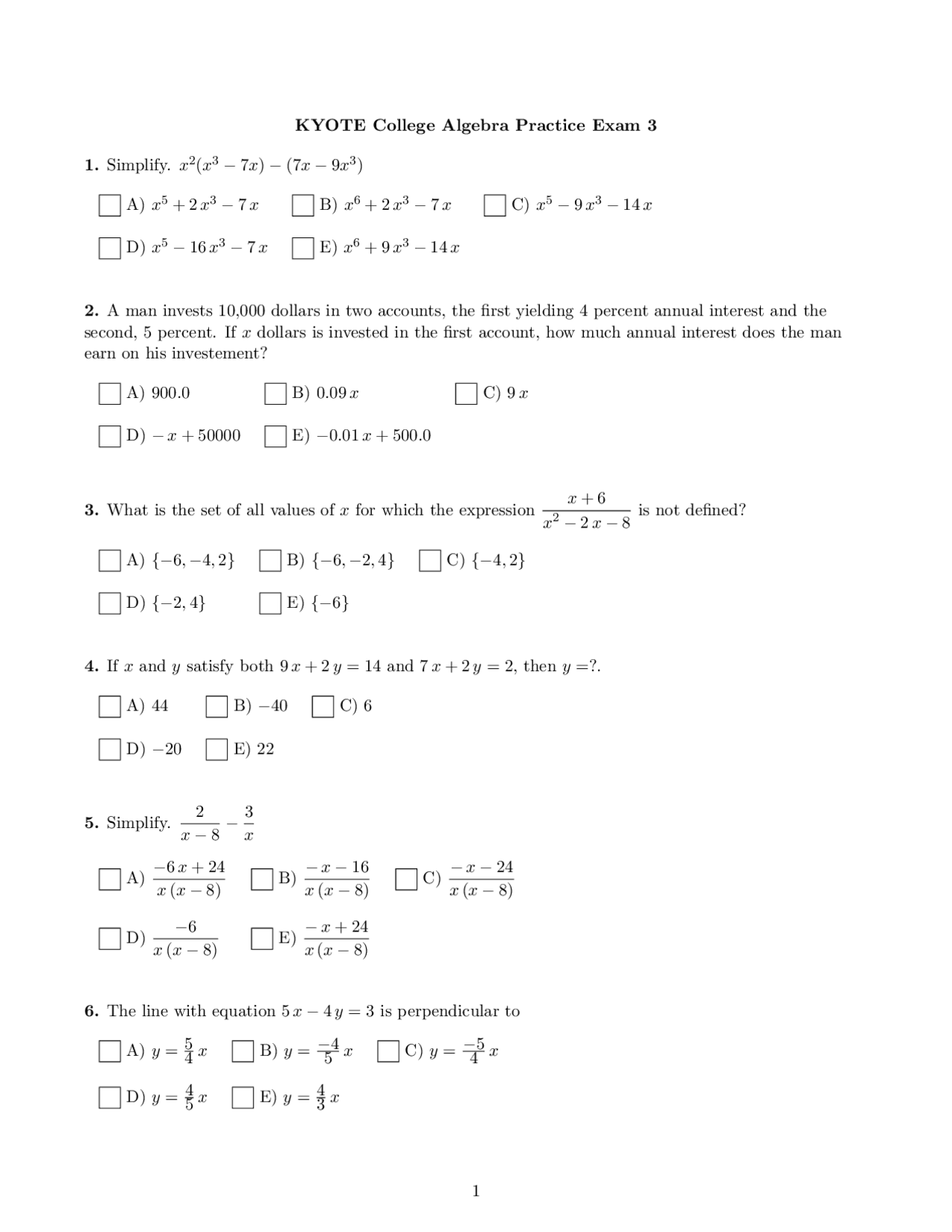 KYOTE College Algebra Practice Exam 3 | Exams Algebra | Docsity