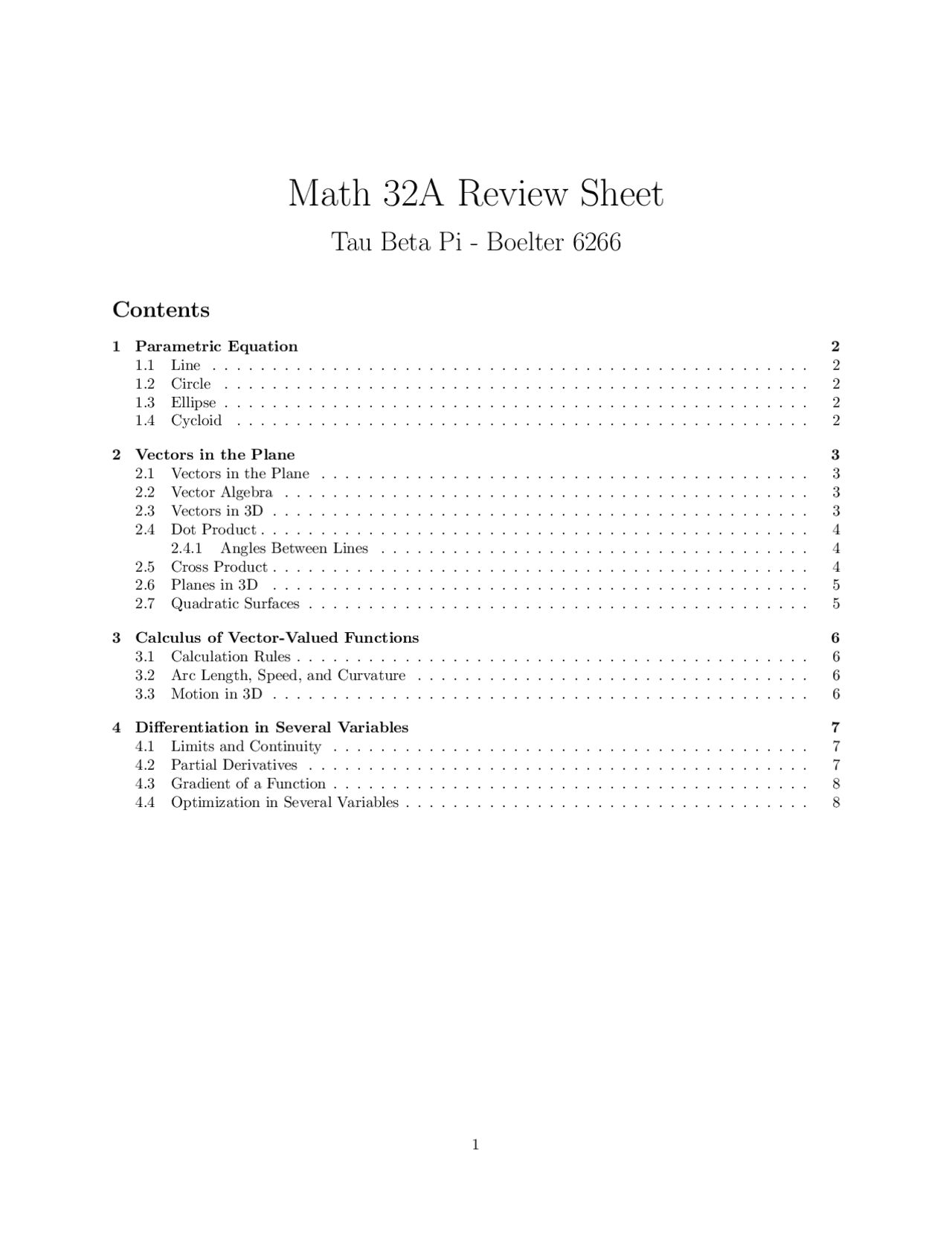 Math 32A Review Sheet | Study notes Calculus | Docsity