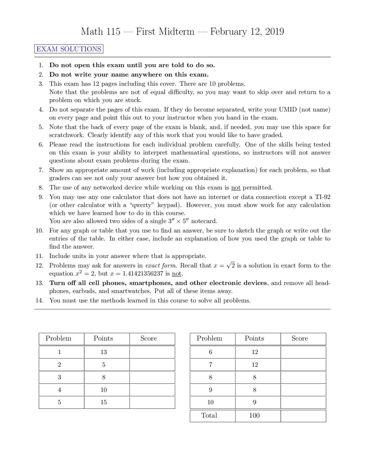 Math 115 — First Midterm — February 12, 2019 | Exams Number Theory ...