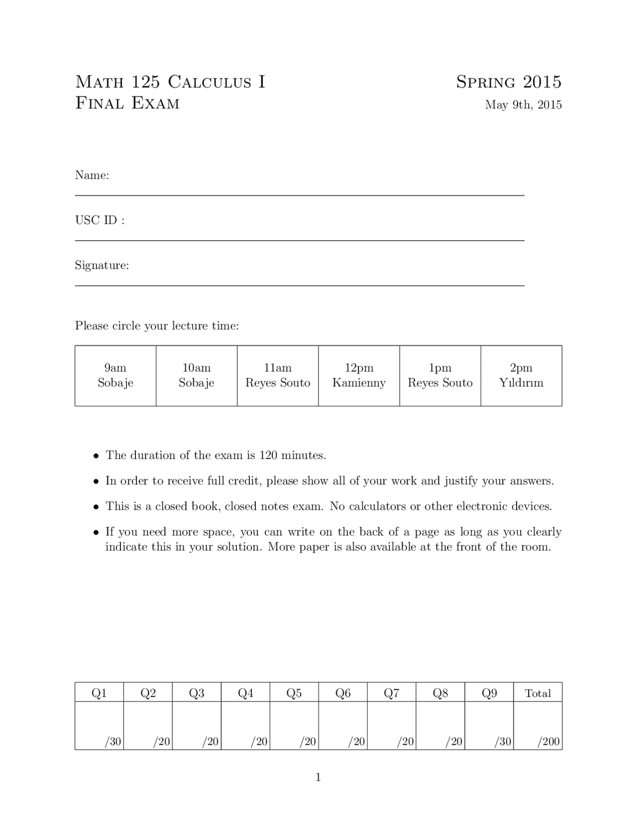 Math 125 Calculus I Spring 2015 Final Exam | Exams Calculus | Docsity