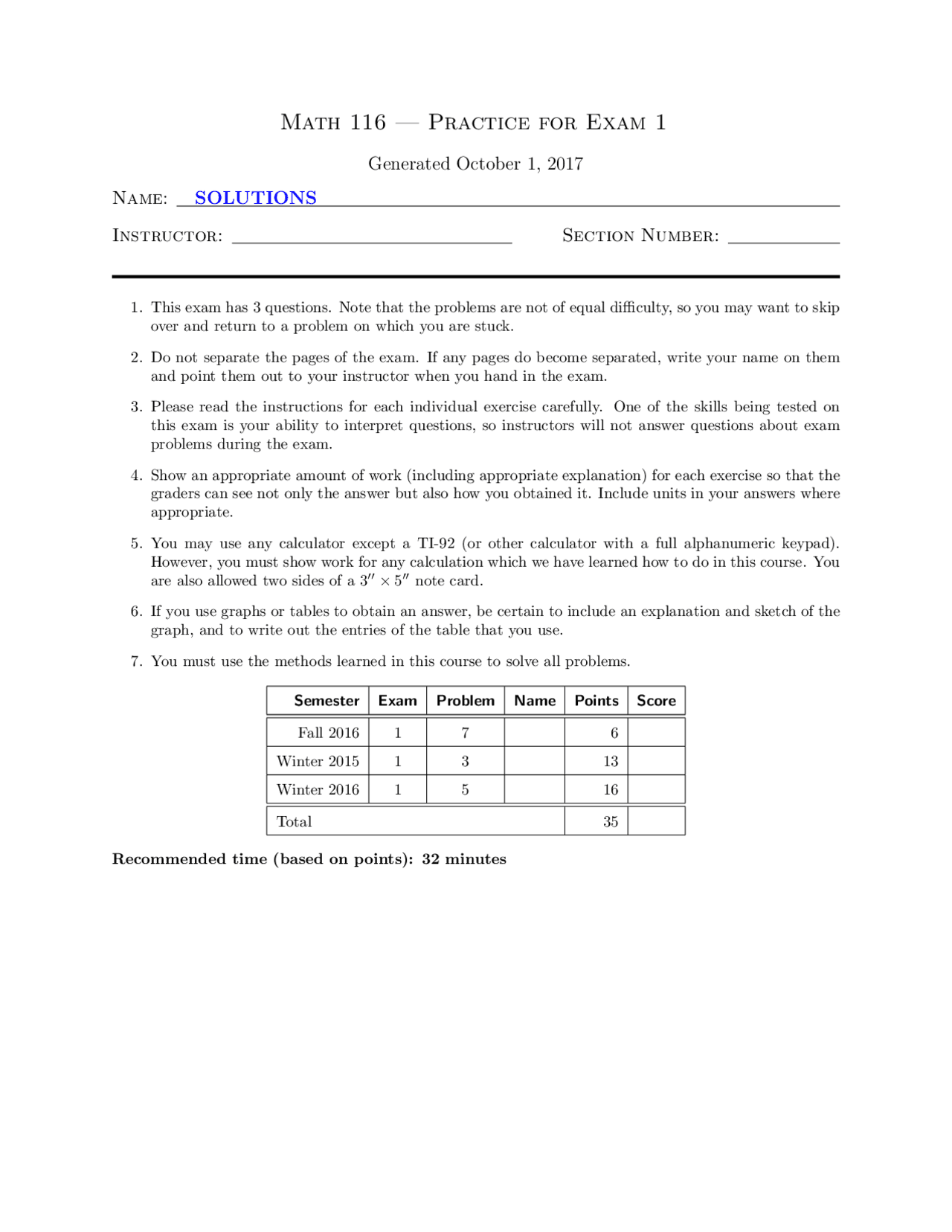 Math 116 Exam 1 Practice Problems and Solutions | Exercises Algebra ...