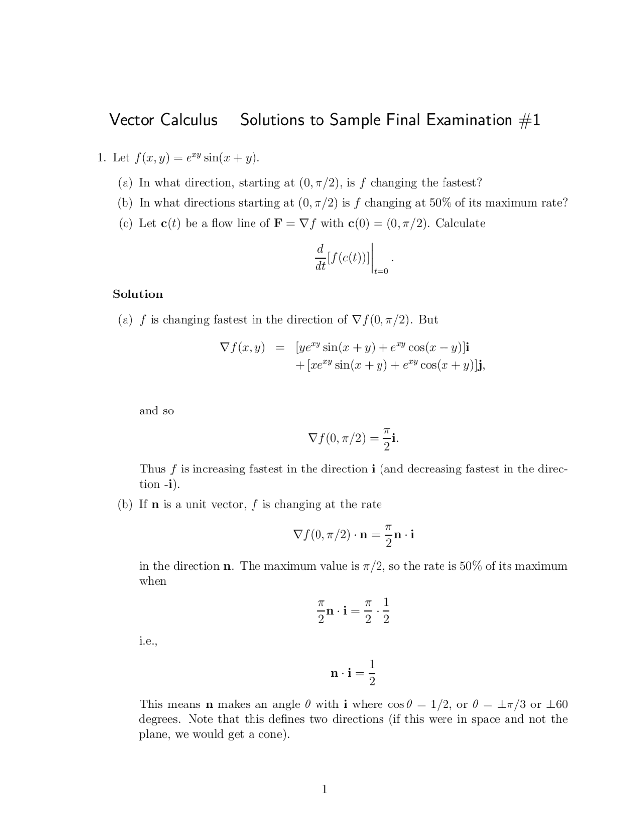 Vector Calculus Solutions to Sample Final Examination #1 | Exams Vector ...