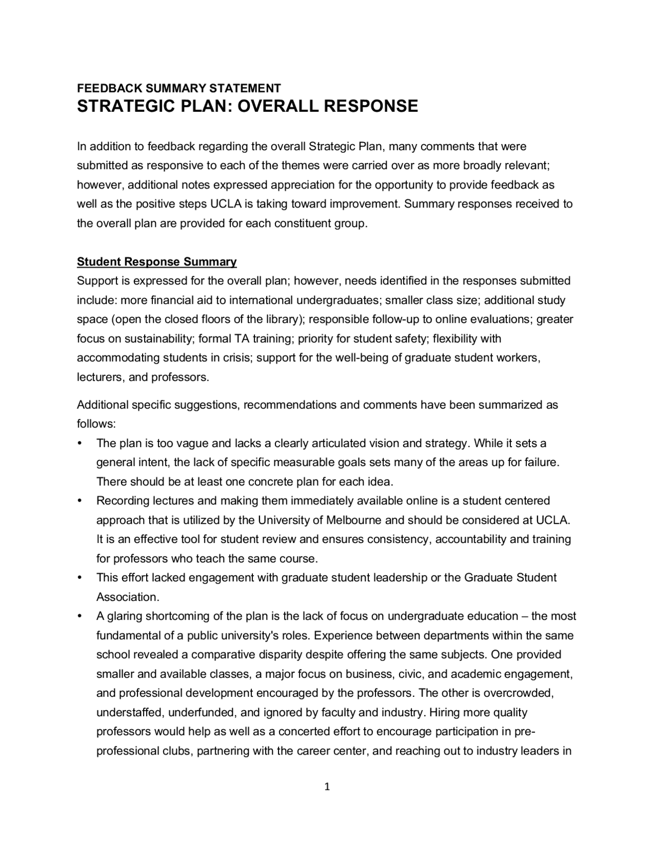 Feedback Summary Statement on UCLA Strategic Plan | Study notes Credit ...