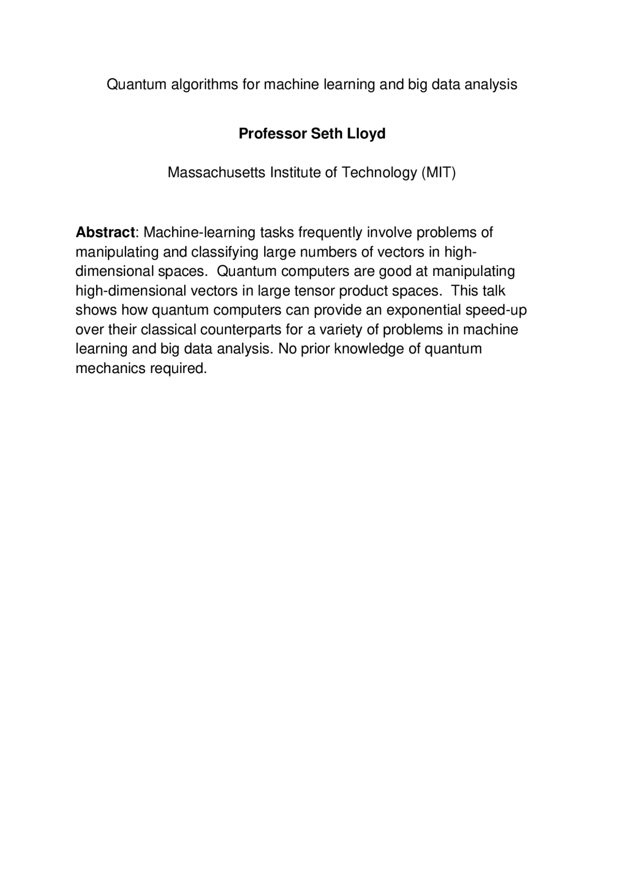 Quantum Algorithms for Machine Learning and Big Data Analysis | Lecture ...