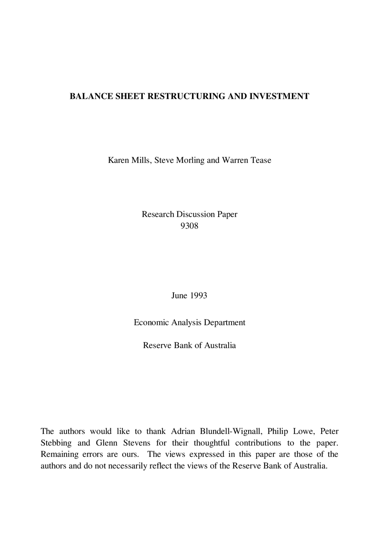 Balance Sheet Restructuring and Investment Summaries Corporate