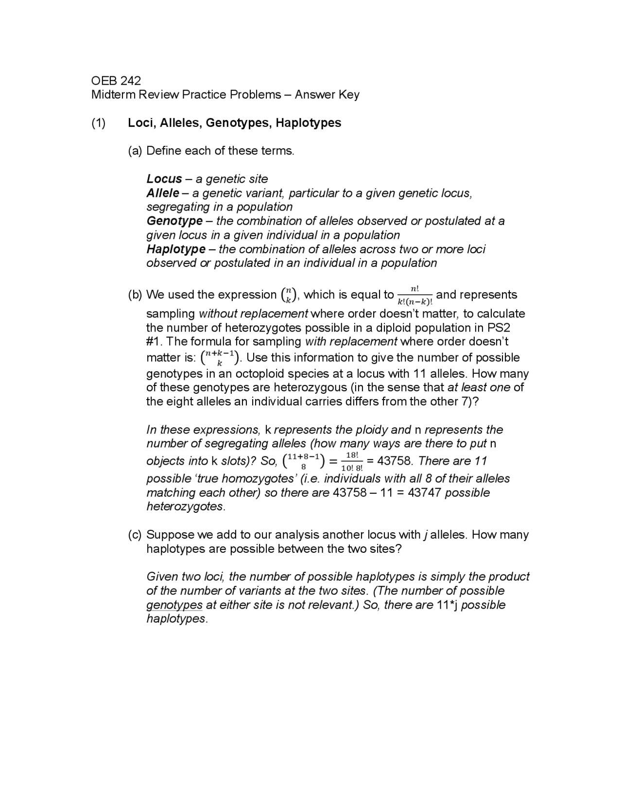 OEB 242 Midterm Review Practice Problems – Answer Key | Study notes ...