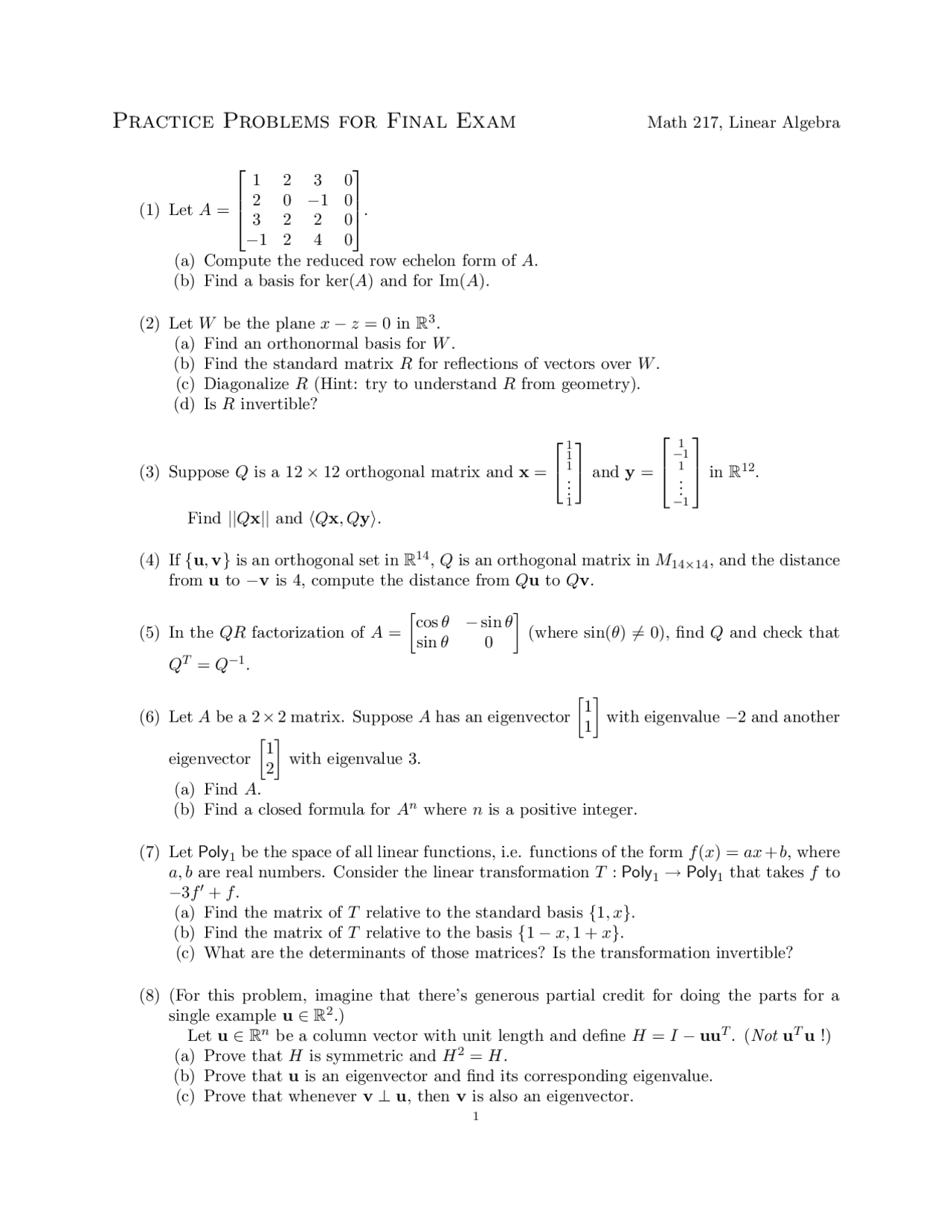 Practice Problems for Final Exam in Linear Algebra | Exams Algebra ...