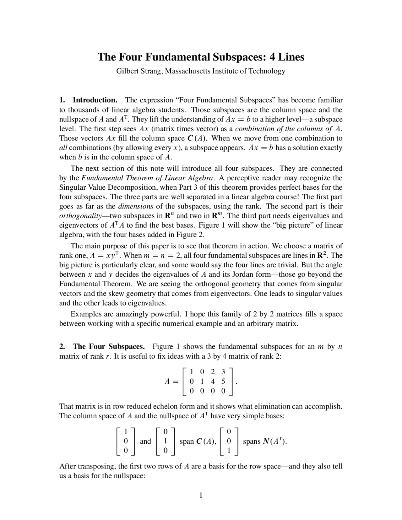 The Four Fundamental Subspaces: 4 Lines | Lecture notes Linear Algebra ...