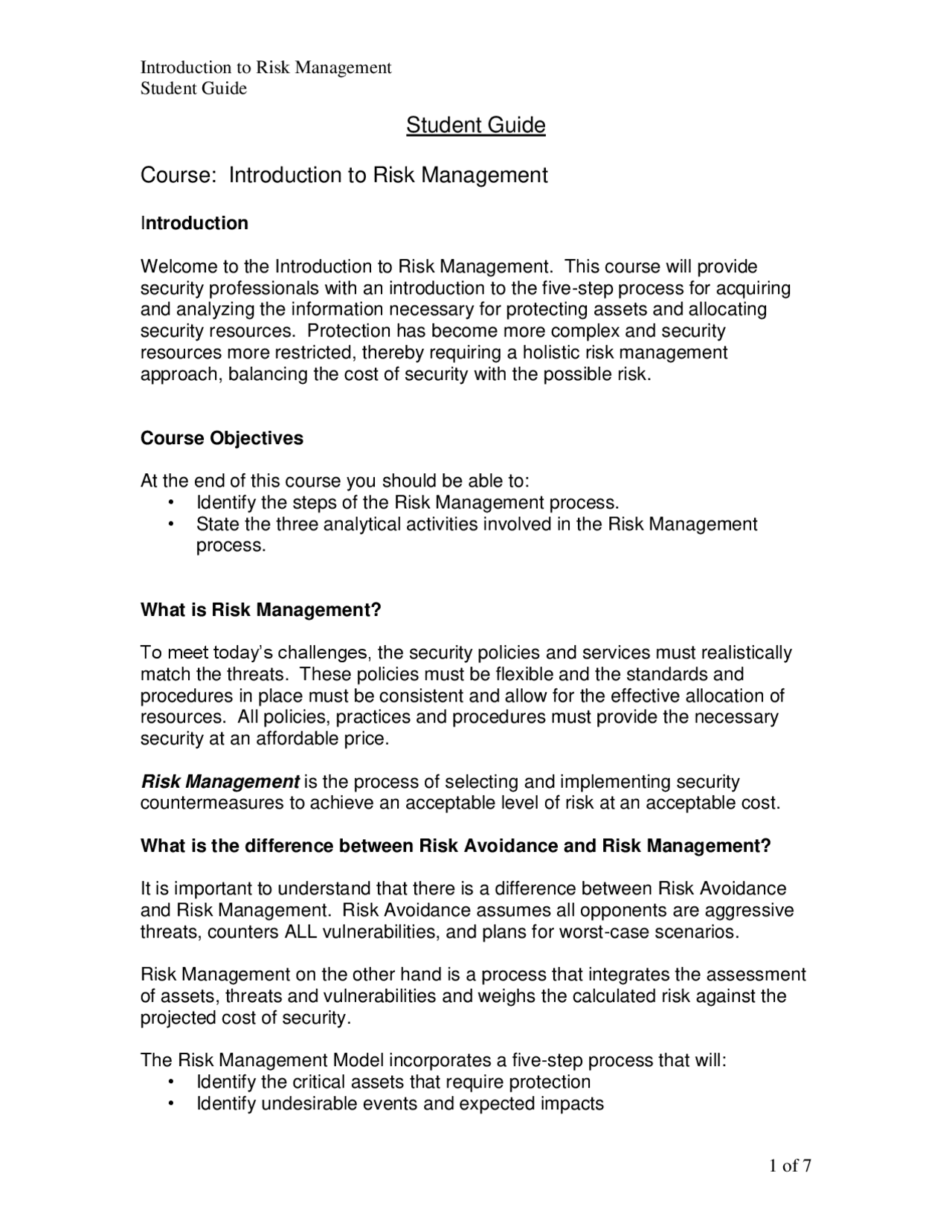 Student Notes For Risk Management Introduction to Risk Management Student Guide 1 of 7 | Exercises Credit ...