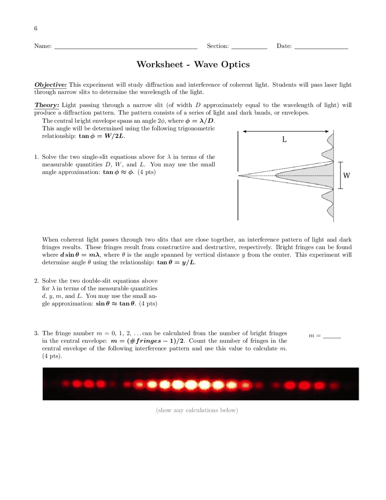Wave Optics Experiment Worksheet | Study notes Optics | Docsity