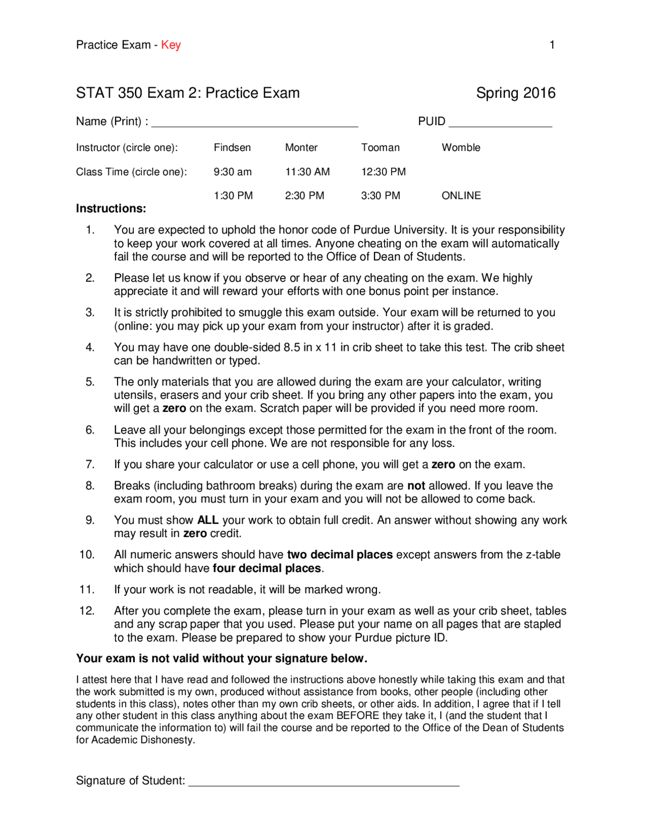 Practice Exam - Key 1 for STAT 350 Exam 2: Practice Exam Spring 2016 ...