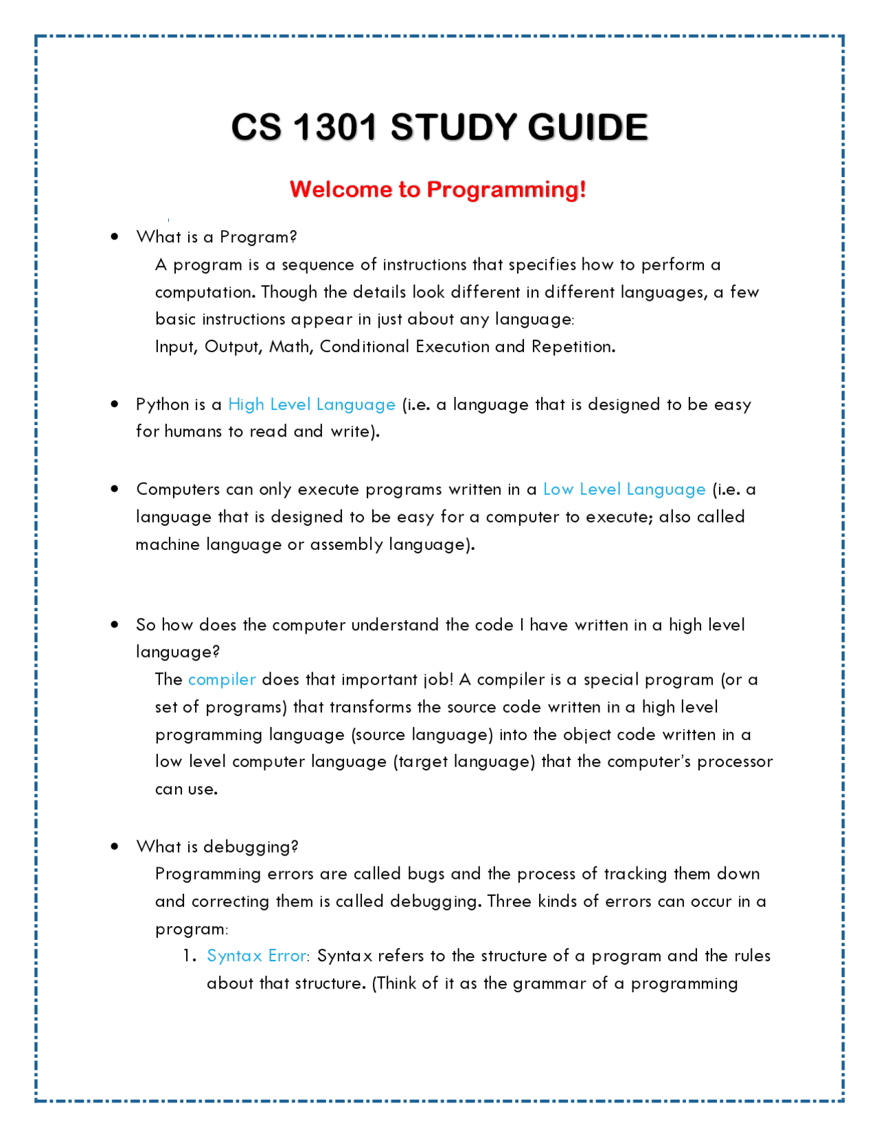 CS 1301 Study Guide | Study notes Programming Languages | Docsity