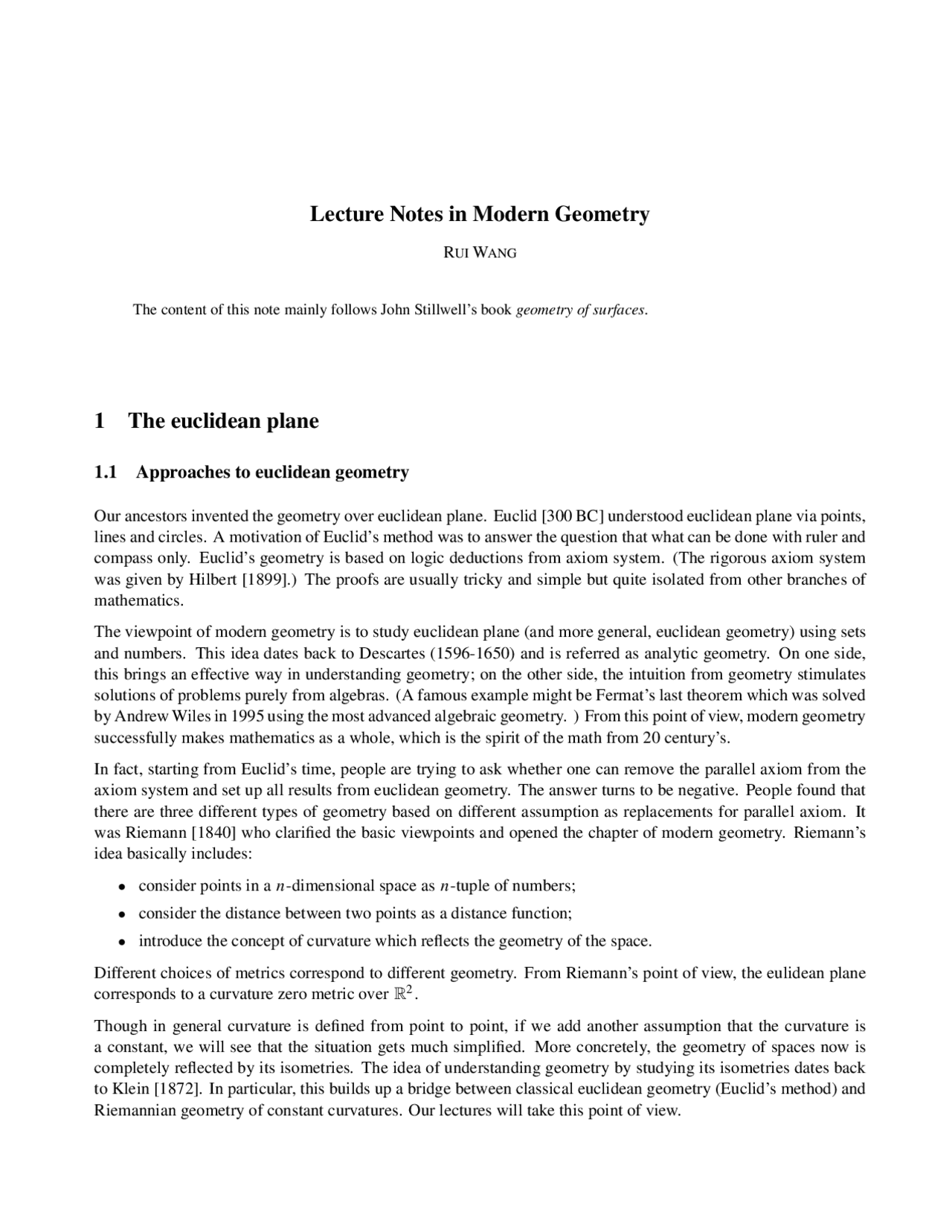 Lecture Notes in Modern Geometry | Lecture notes Geometry | Docsity