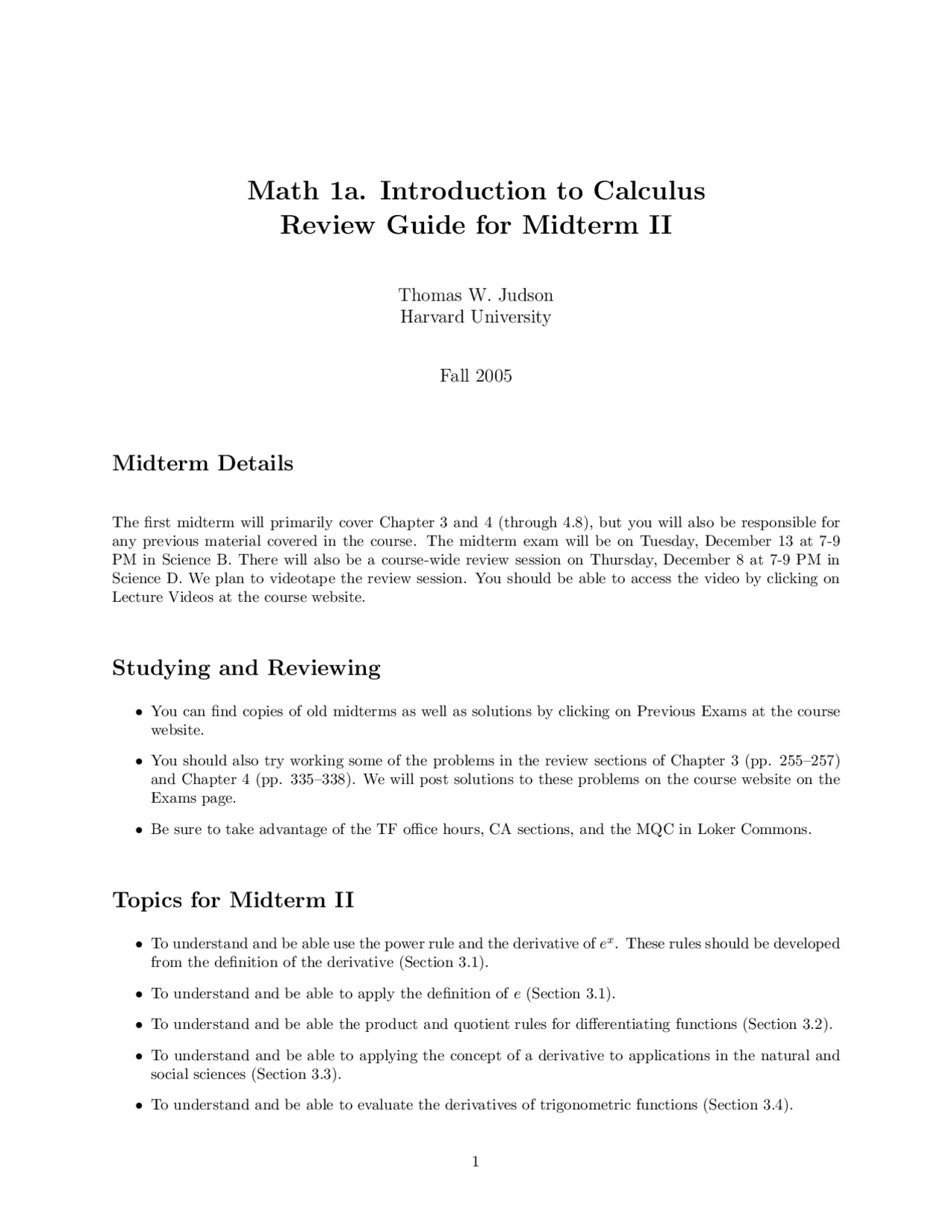 Math 1a. Introduction to Calculus Review Guide for Midterm II | Study ...