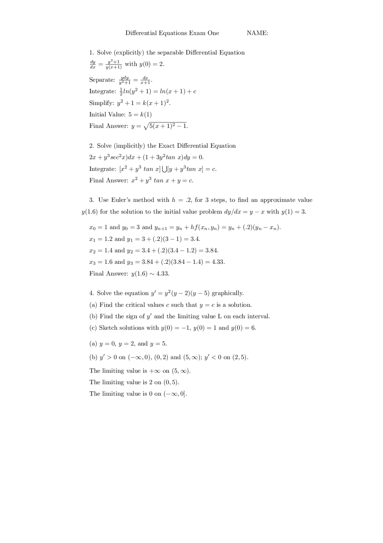Differential Equations Exam One Exams Differential Equations Docsity