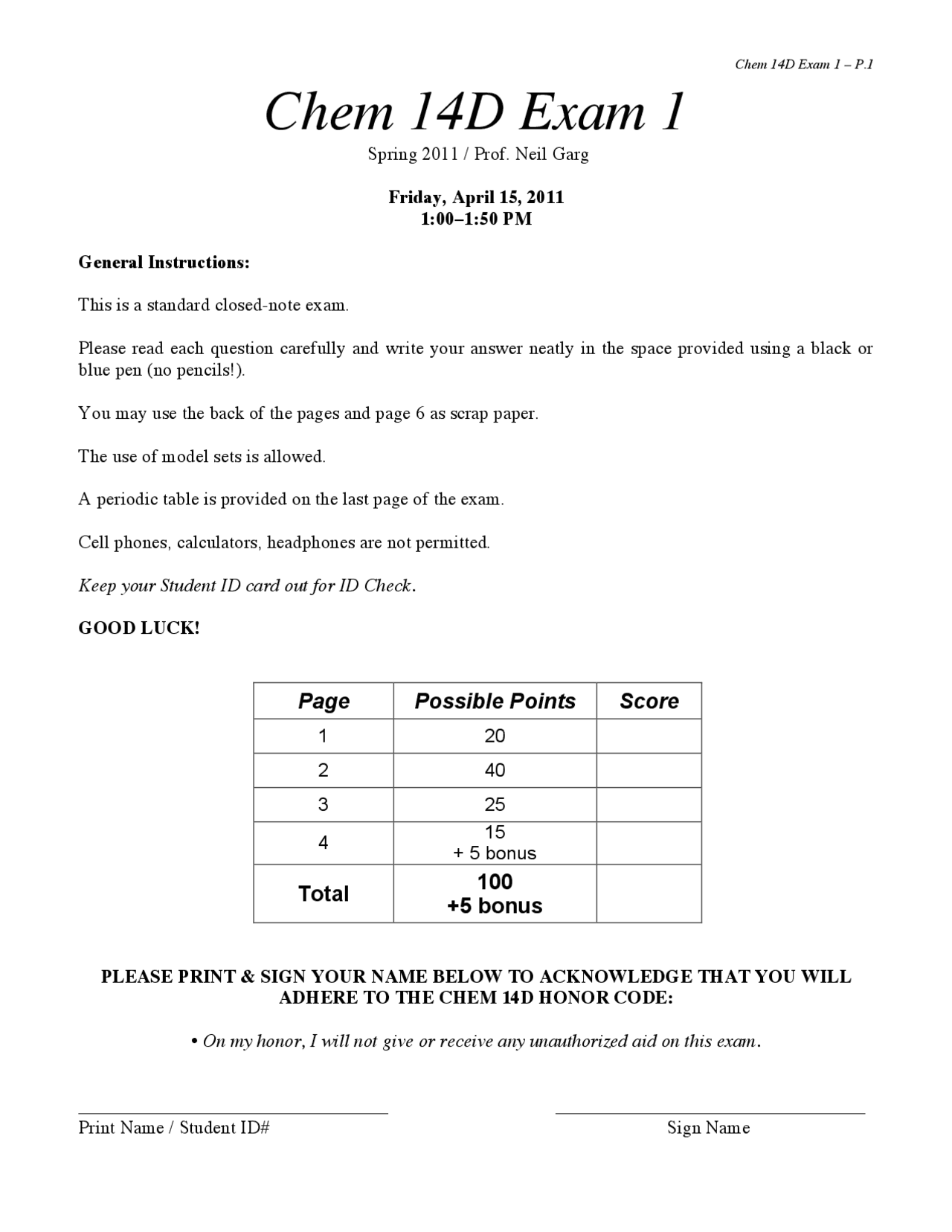 Chem 14D Exam 1 | Exams Organic Chemistry | Docsity