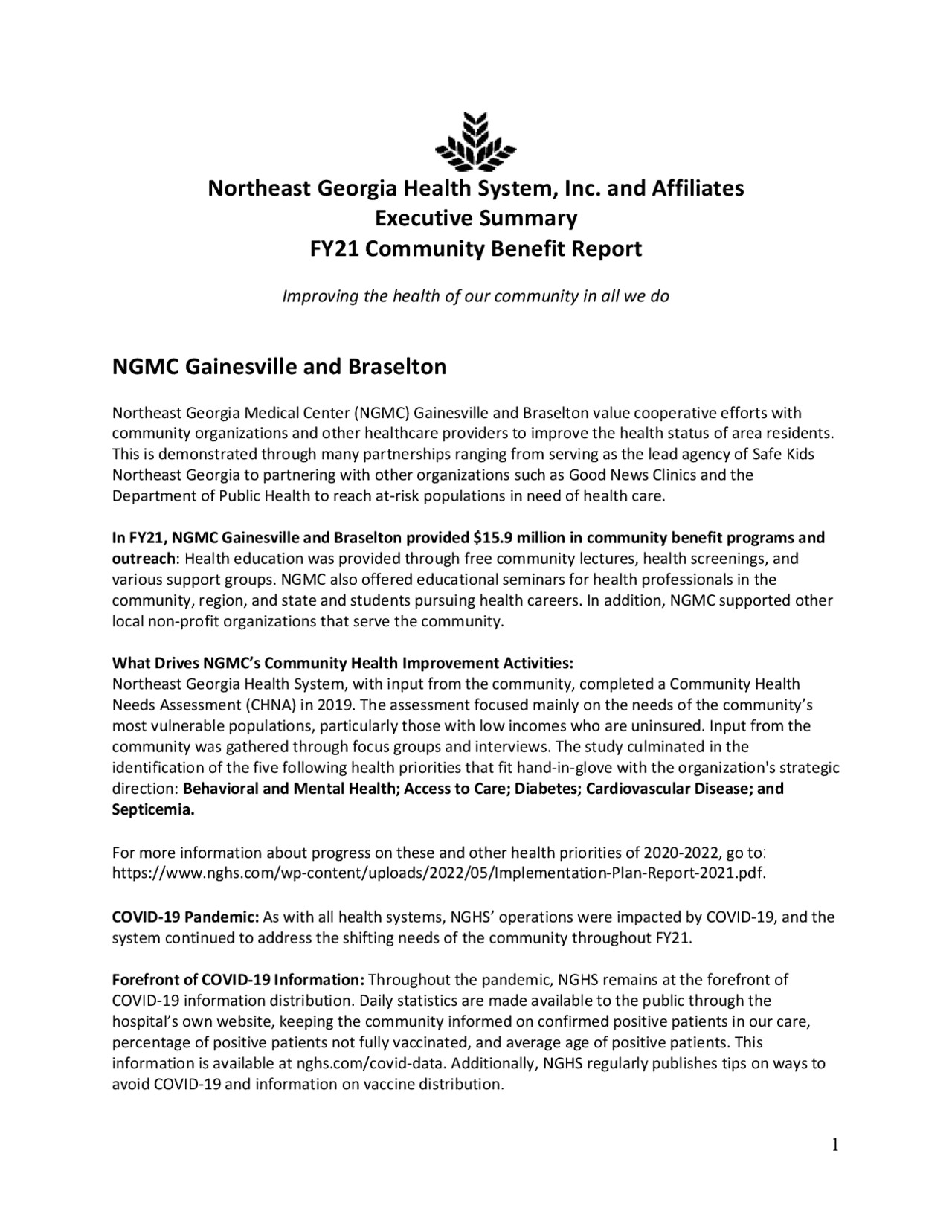 Community Benefit Report of Northeast Georgia Health System, Inc. and ...