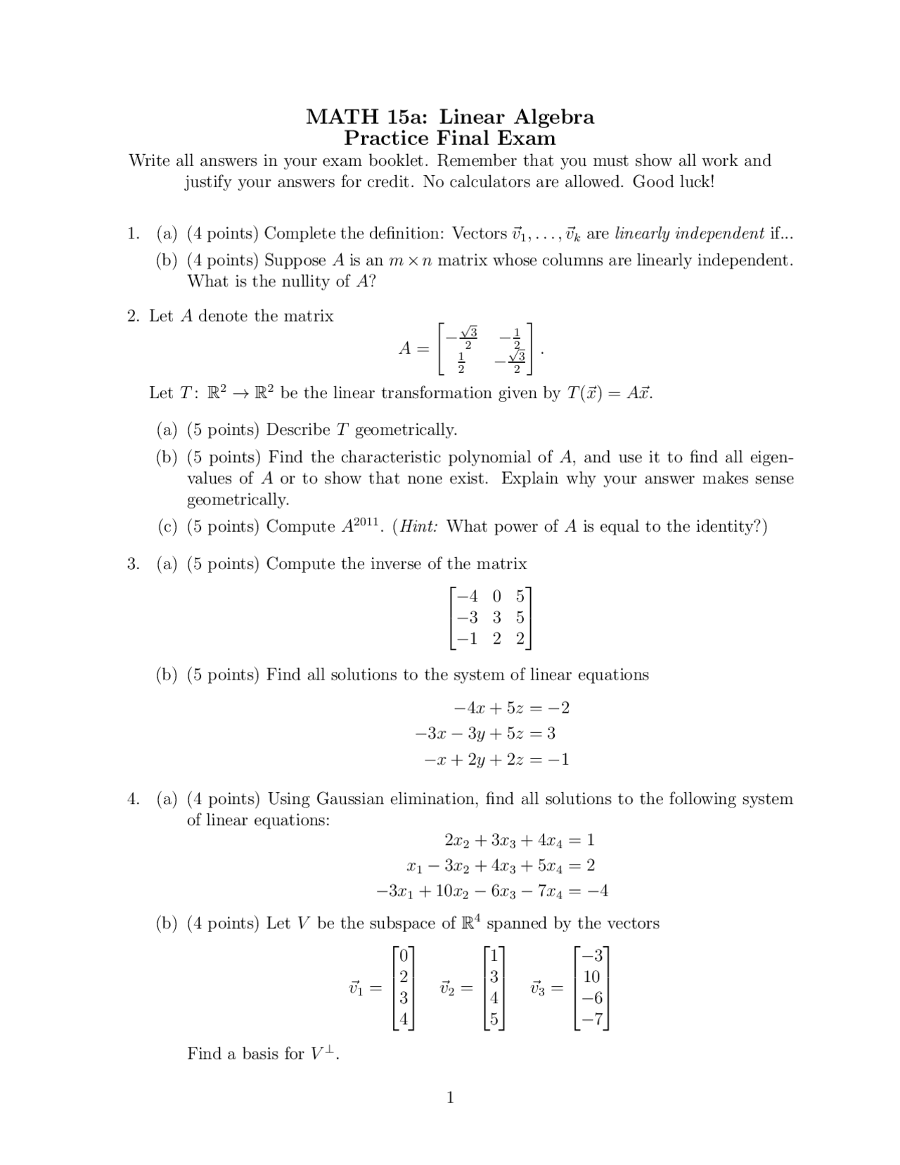 Practice Final Exam for Linear Algebra Course | Exams Linear Algebra ...