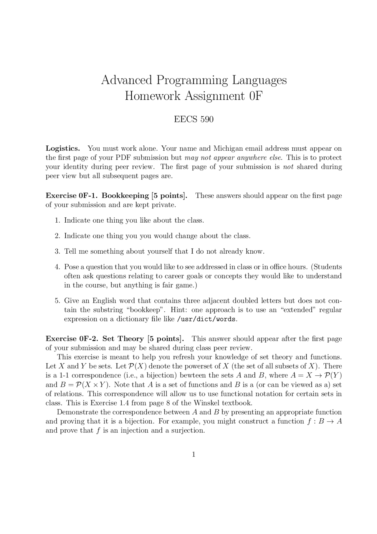 Homework Assignment 0F for Advanced Programming Languages course ...
