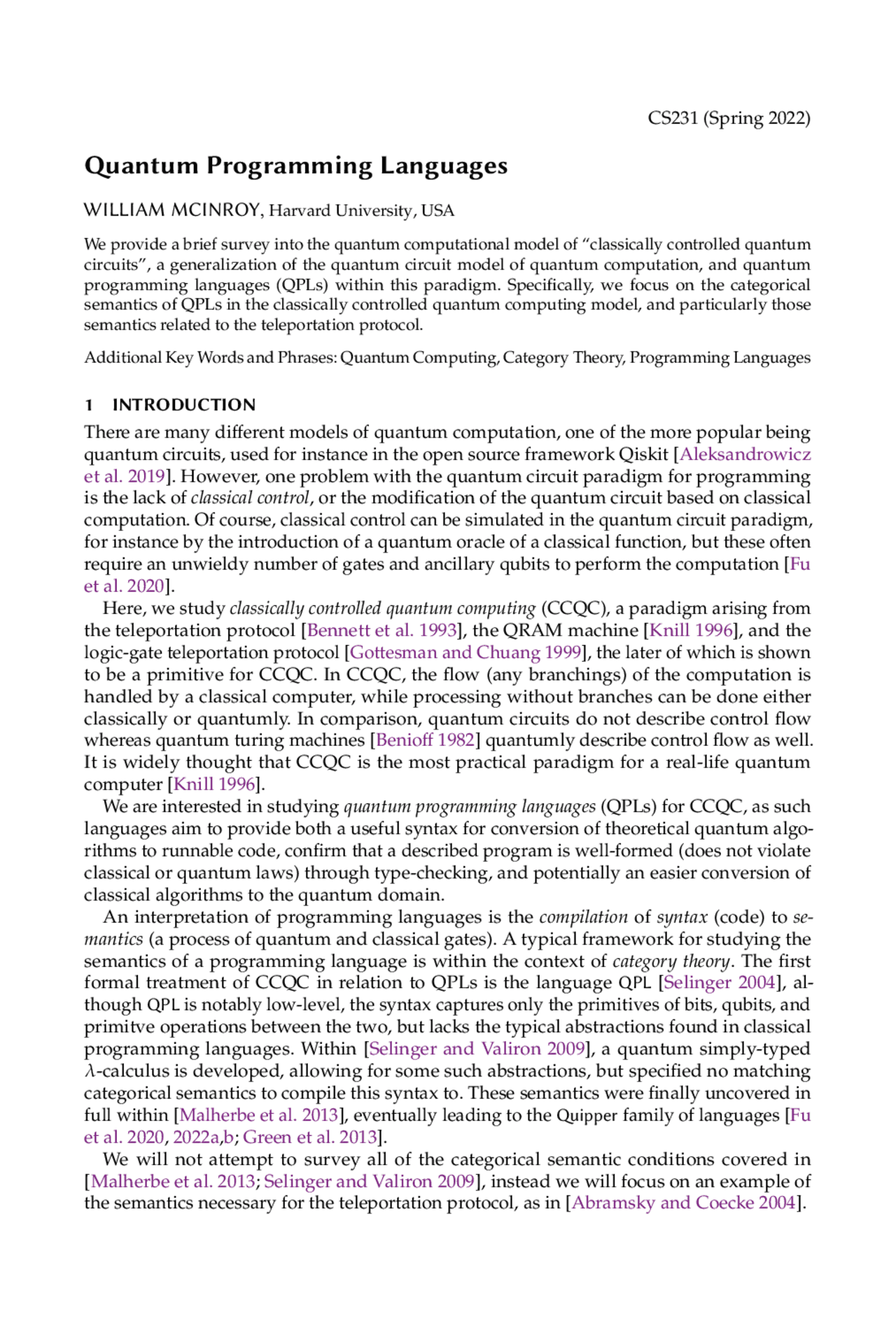 Quantum Programming Languages in the Classically Controlled Quantum ...