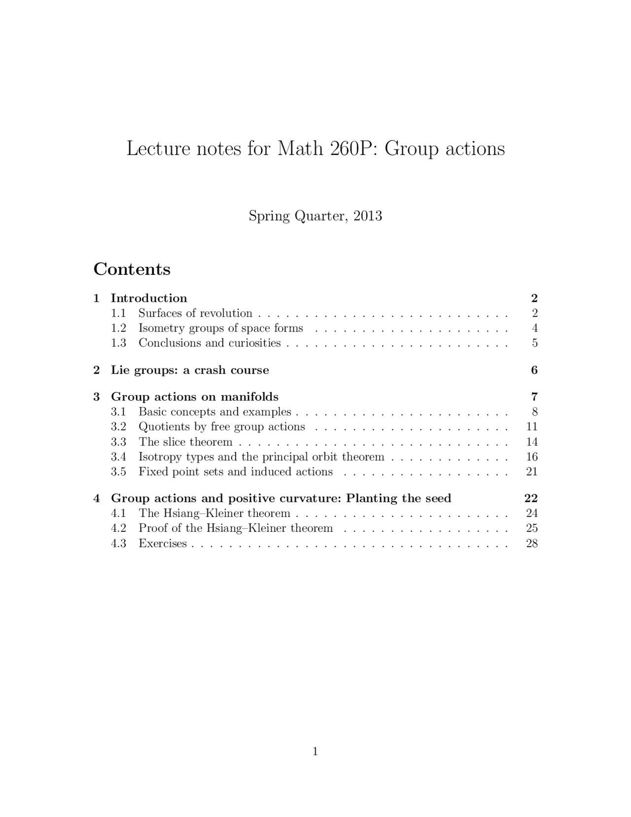 Math 260P: Group actions Lecture Notes | Lecture notes Geometry | Docsity